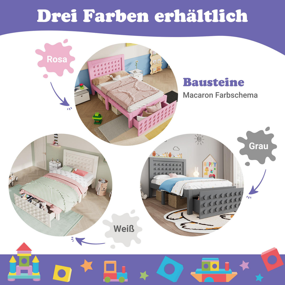 KINDERBETT 90/200 cm Weiß mit Stauraum und kreativem Blockdesign - Weiß, Holz (90/200cm) - OKWISH