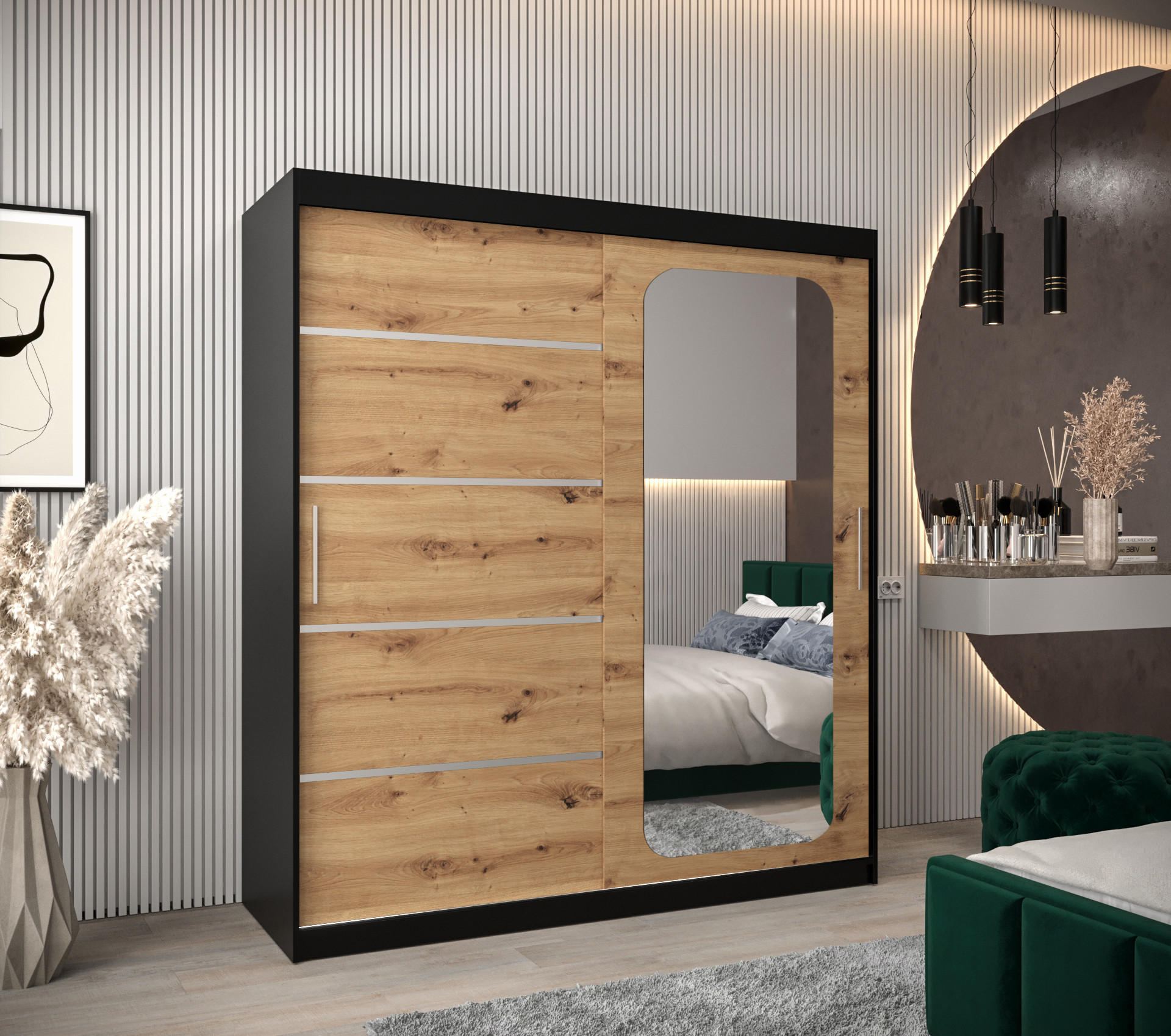 SCHWEBETÜRENSCHRANK 200/180/62 2-türig - Silberfarben/Schwarz, Holz/Kunststoff (180/200/62cm) - Abiks Möbel