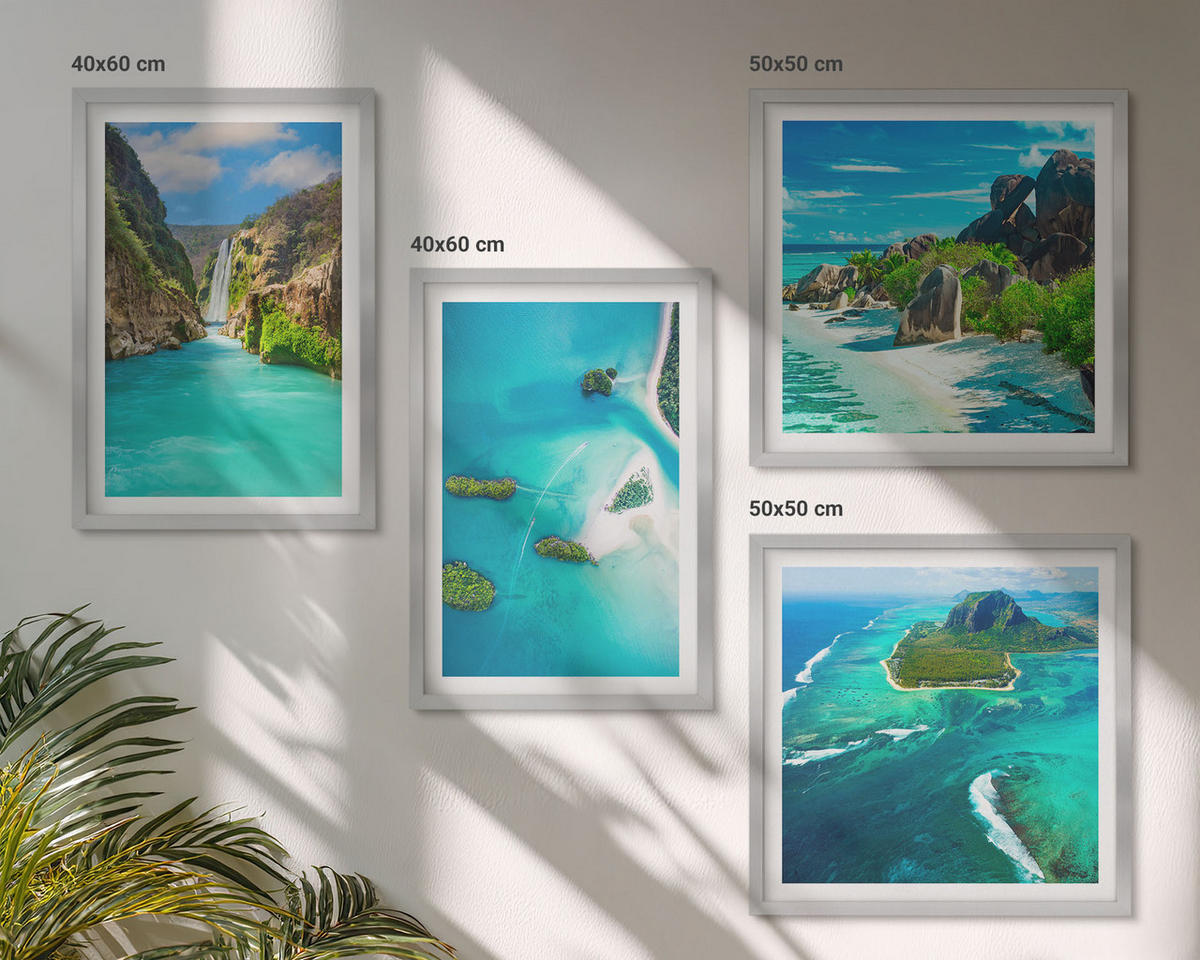 WANDBILDER 4er Set - 50x50 cm & 40x60 cm Silberner Rahmen - Tropische türkisfarbene Inseln - Silberfarben, Kunststoff (50/50cm) - ArtPrintCave
