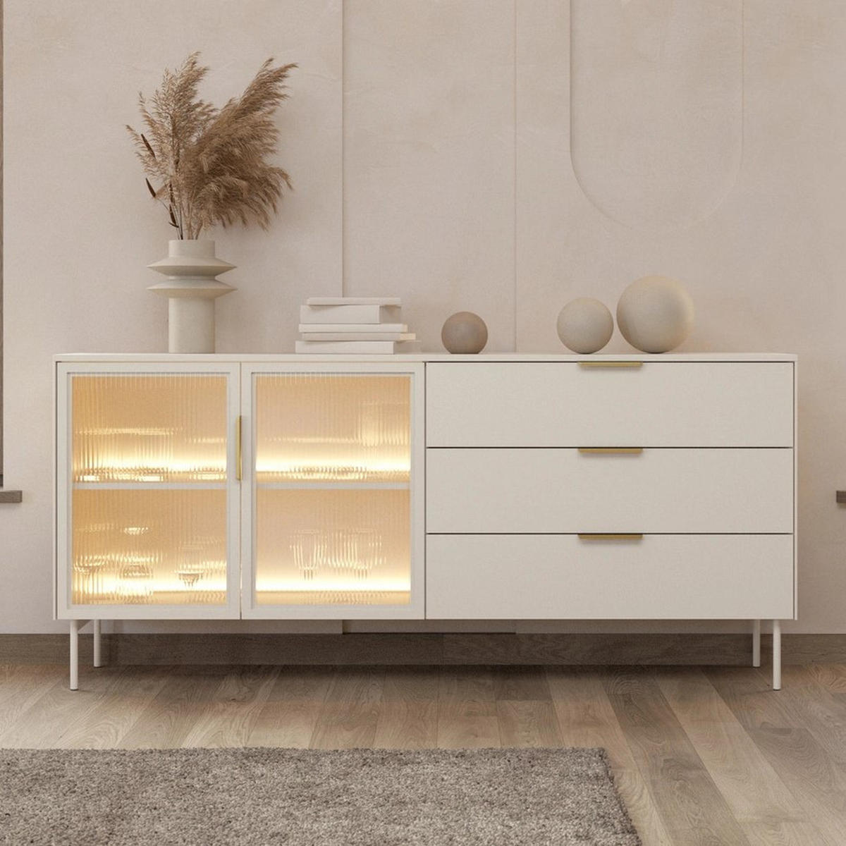 SIDEBOARD LUMI 181 cm Kaschmir - mit 2 Glastüren (links) und 3 Schubladen (rechts) - Kaschmir/Goldfarben, Holz/Holzwerkstoff (181/83/39cm) - Ravio