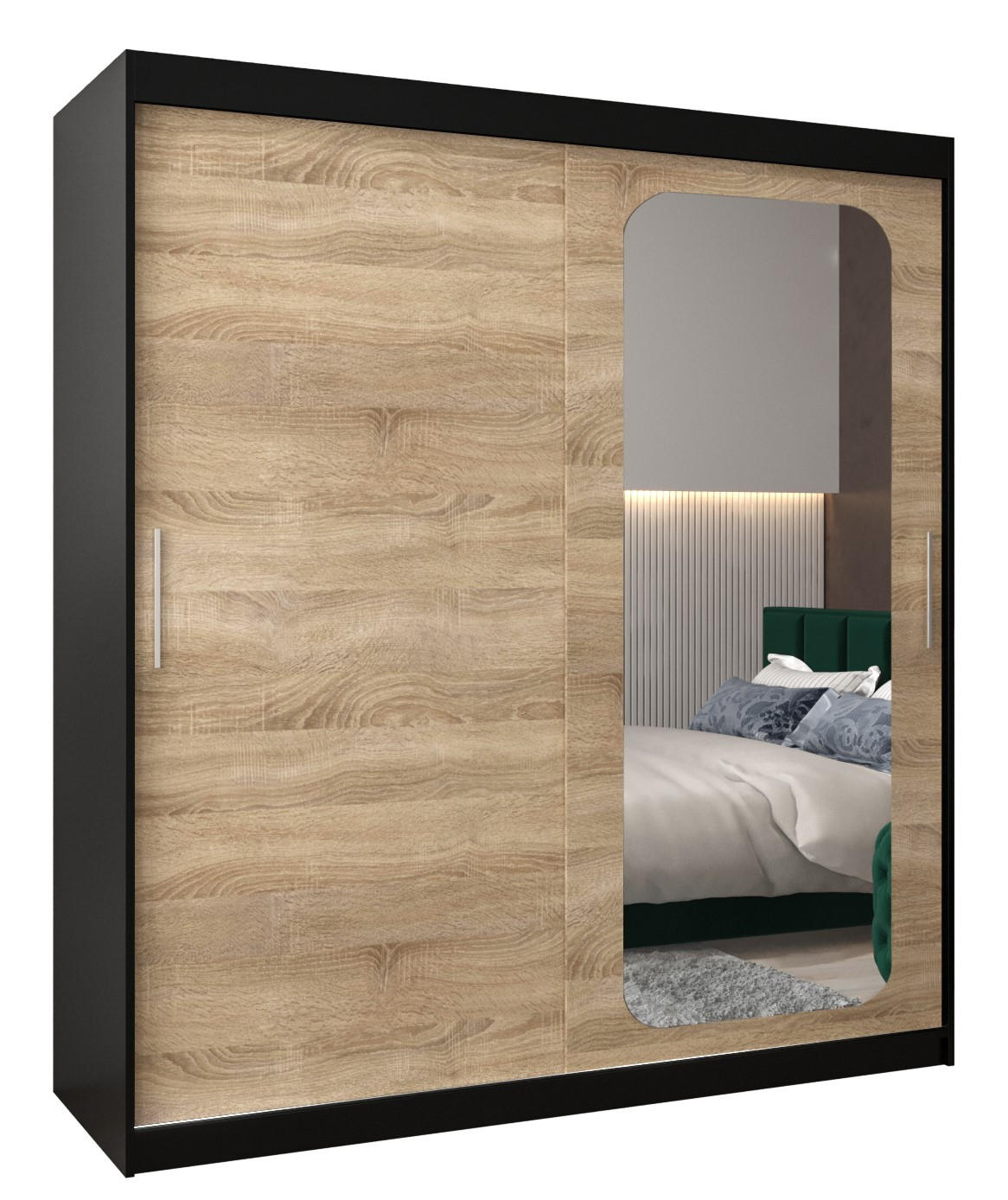 Abiks Möbel Schwebetürenschrank Schwarz, Sonoma Eiche 180x200x62 cm