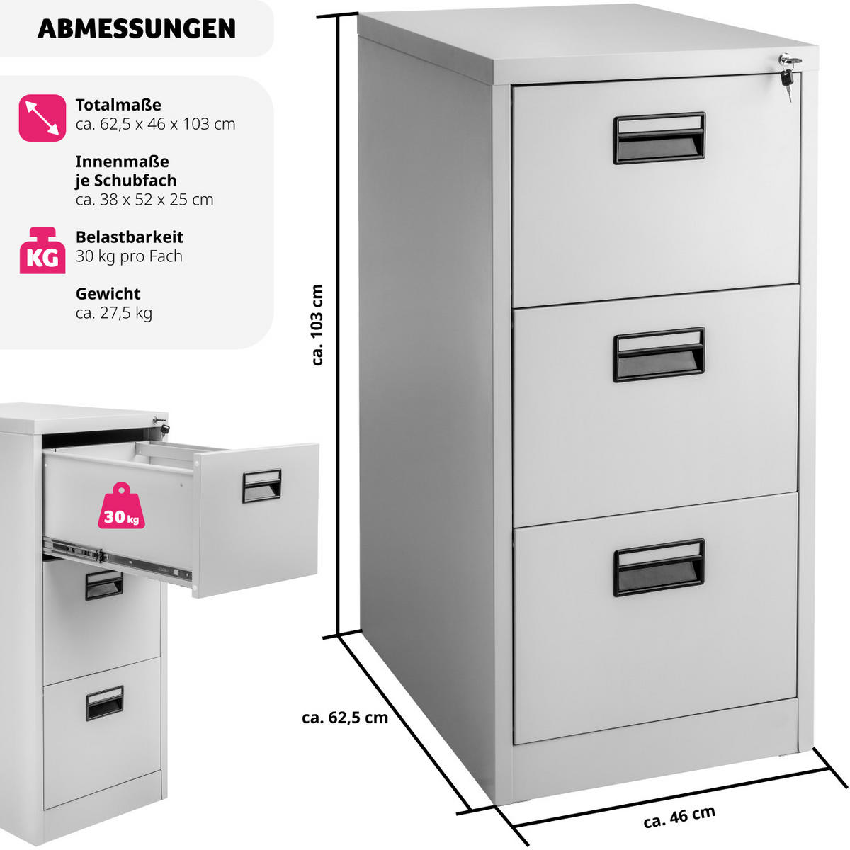 AKTENSCHRANK ,62,4 x 46 x 102,8 cm,grau - Grau, Metall (46/102.8/62.4cm) - tectake