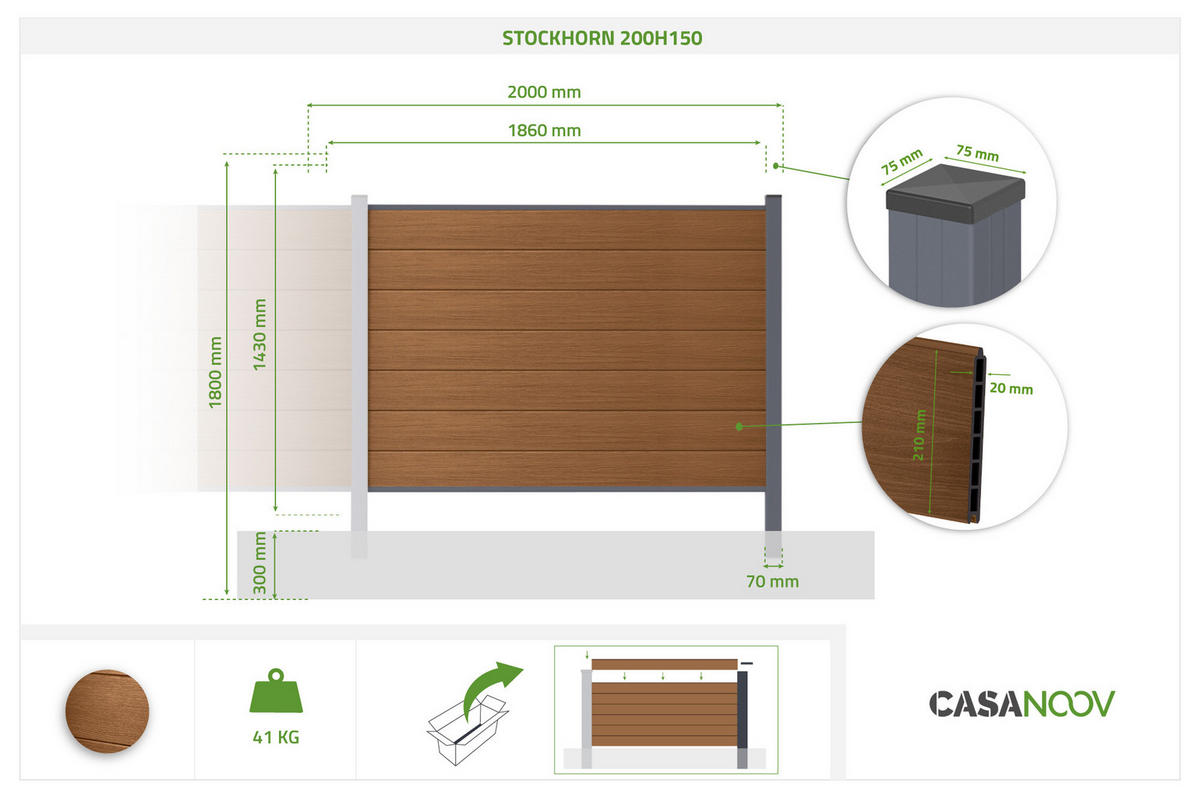 ERWEITERUNGSSET für Verbundzaun 2 m STOCKHORN, H. 150 cm, zum Einbetonieren, Teakholz - Braun, Holzwerkstoff (200/150cm) - Casanoov