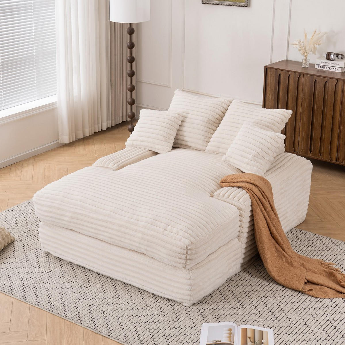 SCHLAFSOFA Luxus-Cord 4 Kissen montagefrei & platzsparend Beige - Beige, Kunststoff (137/63/175cm)