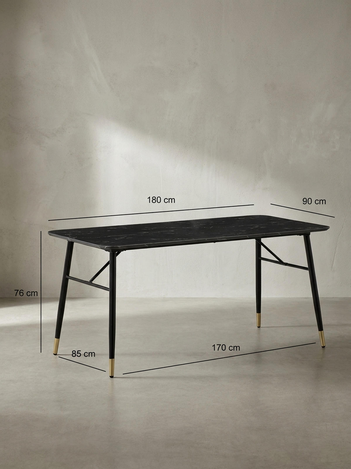 ESSTISCH Marmoroptik Metall Rechteckig Modern Klein, Schwarz 180x90x76 cm - Goldfarben/Schwarz, Holzwerkstoff/Metall (90/180/76cm) - KADIMA DESIGN
