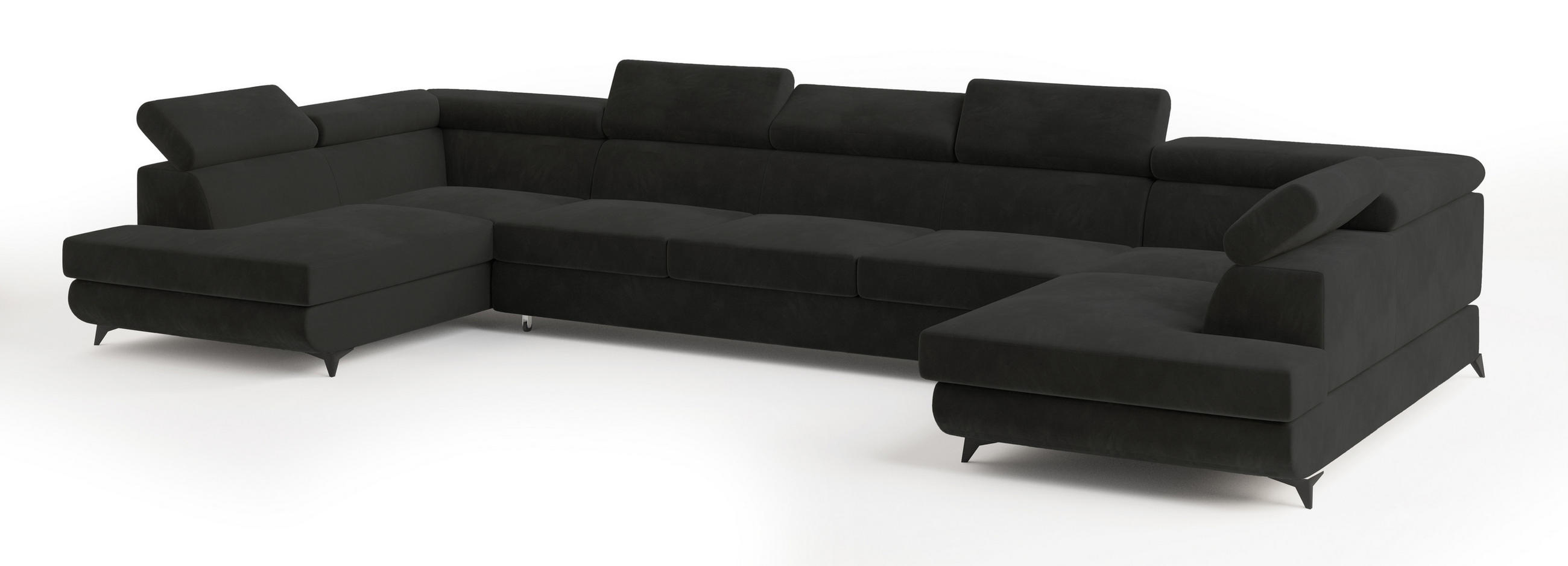 WOHNLANDSCHAFT URMANO Schwarz Velours-Stoff mit Schlaffunktion - Schwarz, Holz (395/89/190cm) - MASSENO