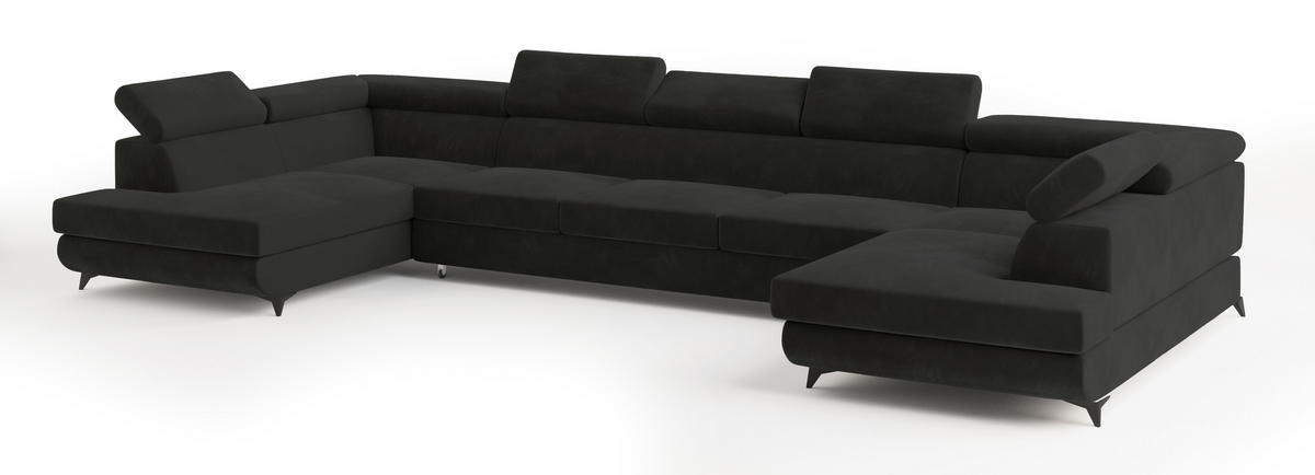 WOHNLANDSCHAFT URMANO Schwarz Velours-Stoff mit Schlaffunktion - Schwarz, Holz (395/89/190cm) - MASSENO