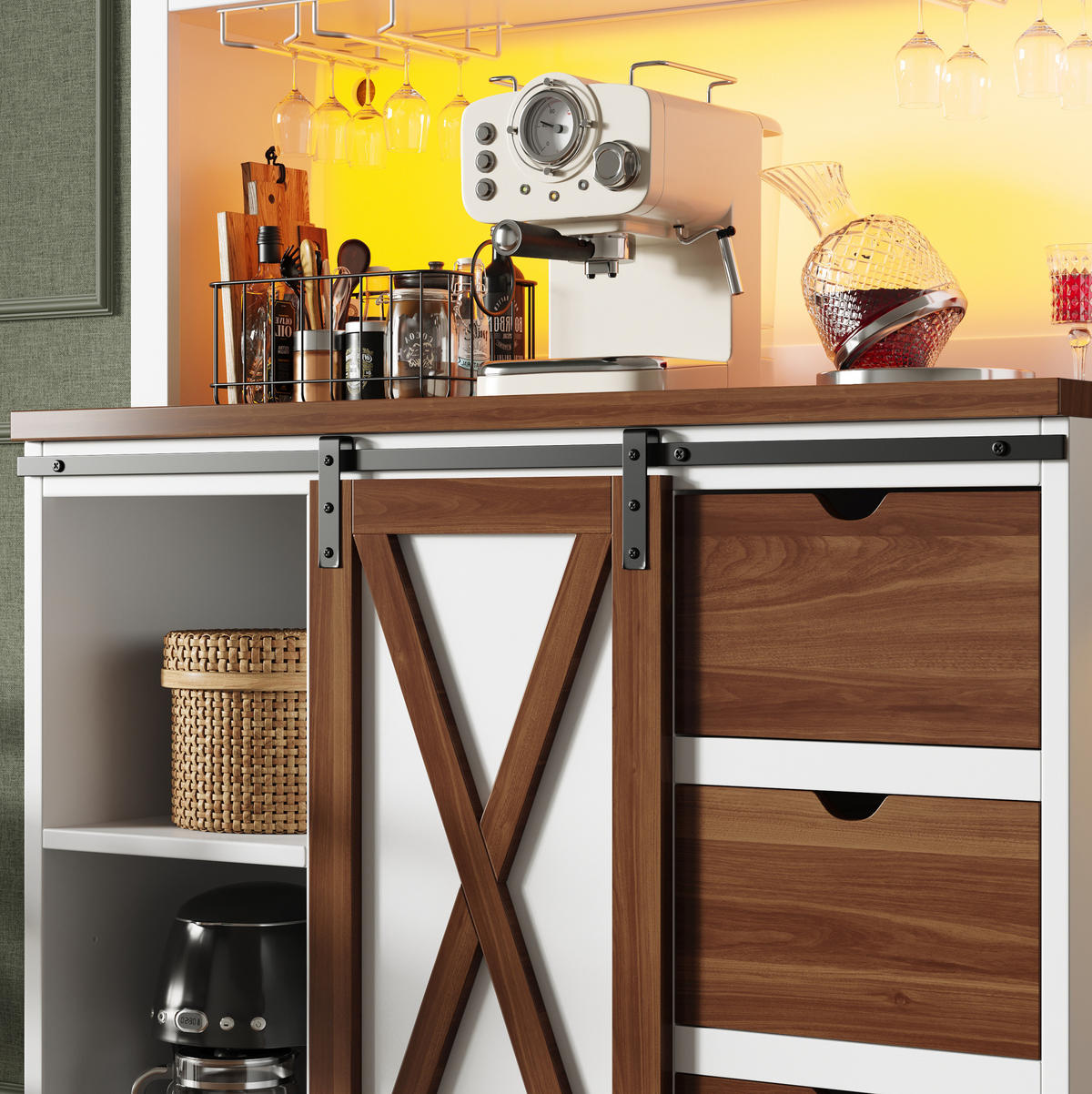 BUFFET 104/40/180 cm aus MDF, Metall und Glas mit LED-Beleuchtung und Schiebetür Weiß - Weiß, Holzwerkstoff (104/180/40cm) - Modenvie