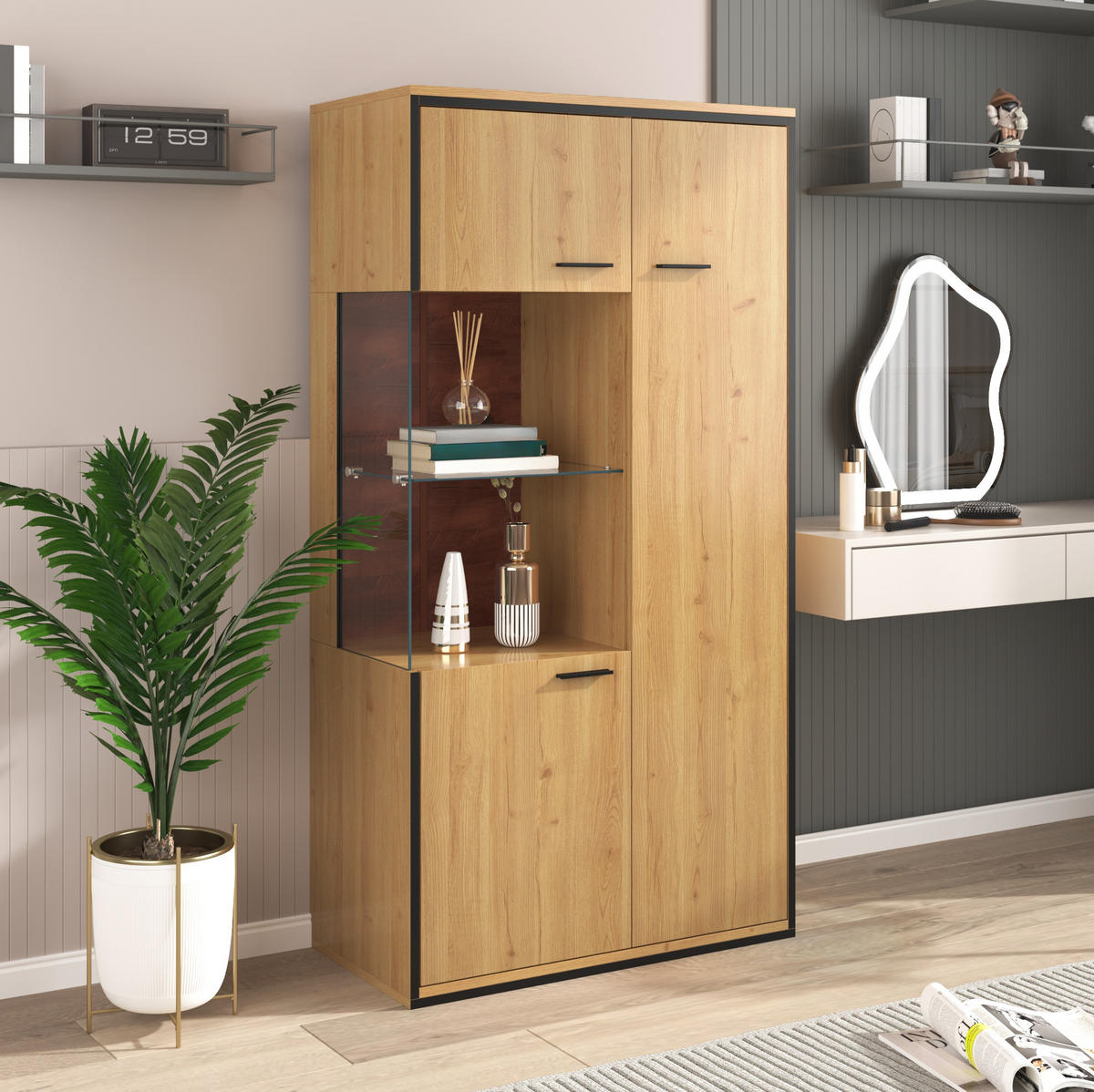 VITRINE 77,5/40/150 cm in Natur mit Glastür und LED-Beleuchtung - Naturfarben, Holzwerkstoff (77.5/150/40cm) - Flora Grace