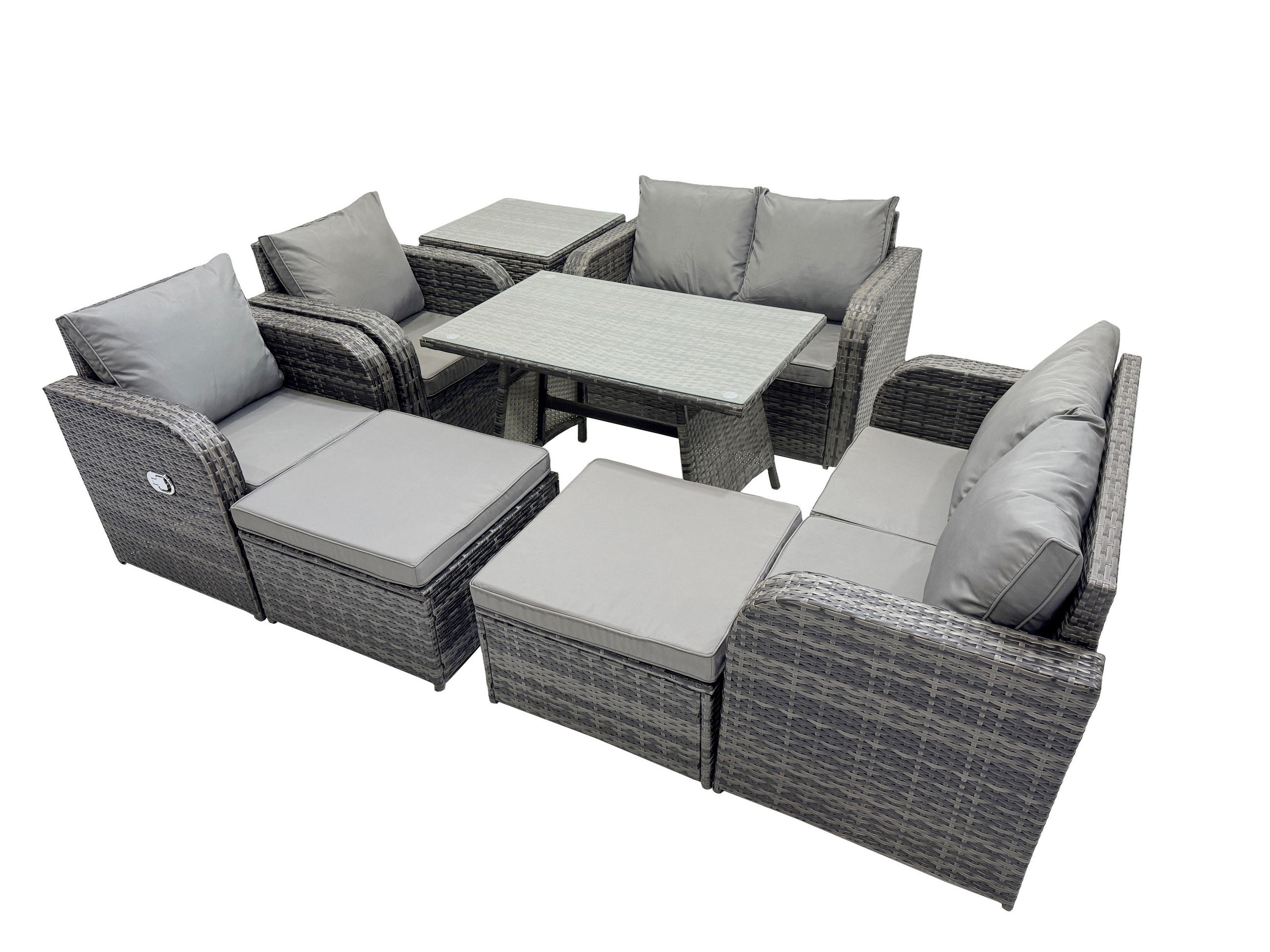 LOUNGEGARNITUR mit ESSTISCH SOFA Polyrattan Dunkelgrau 8-Sitzer - Dunkelgrau/Grau, Glas/Kunststoff - Fimous