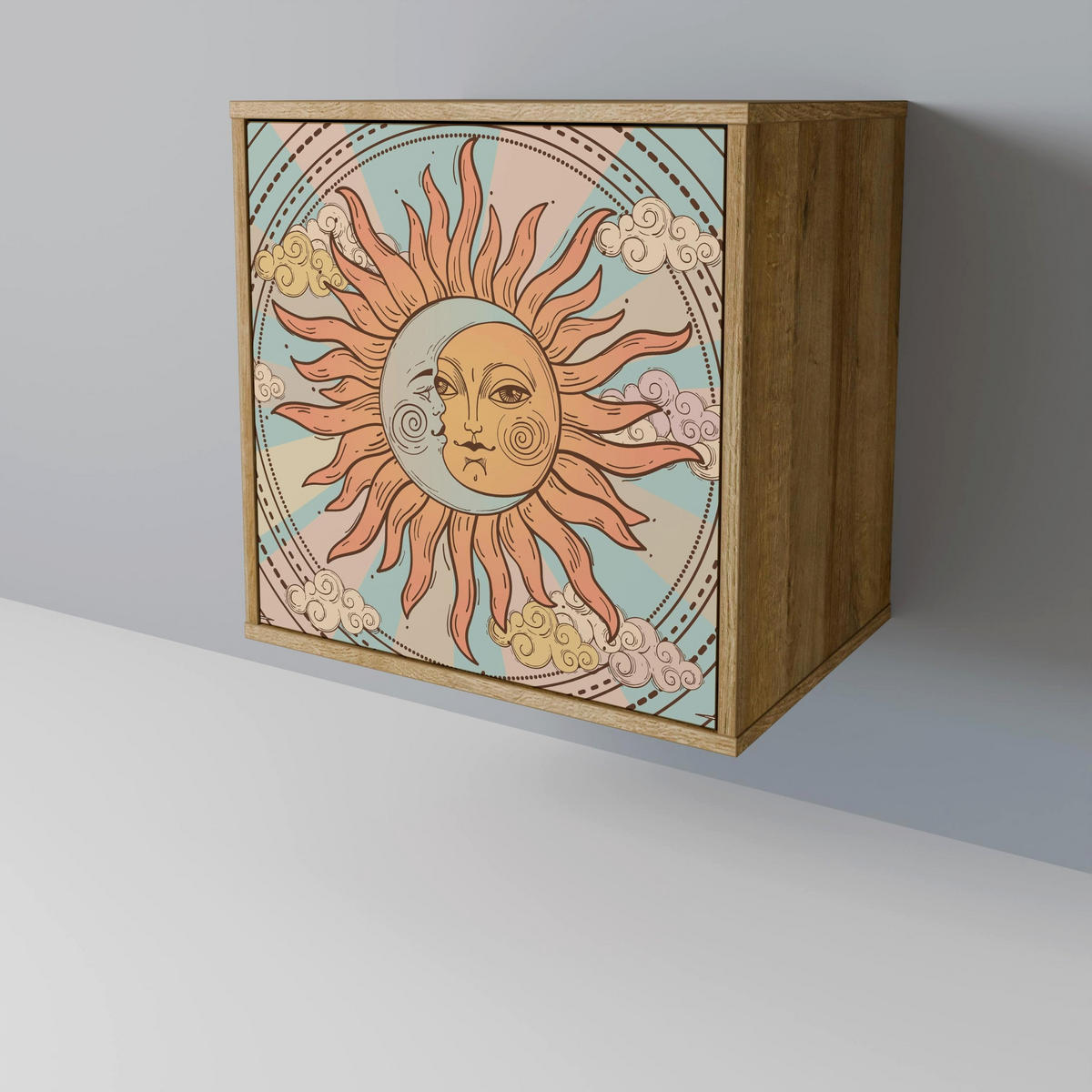 SIDEBOARD MYSTICAL STRUCTURE, Eichefarben, 57,5x42x67,5 cm, Schwarze Metall-Rahmenfüße - Eichefarben/Multicolor, Holzwerkstoff/Metall (57.5/67.5/42cm) - SpaceRebels