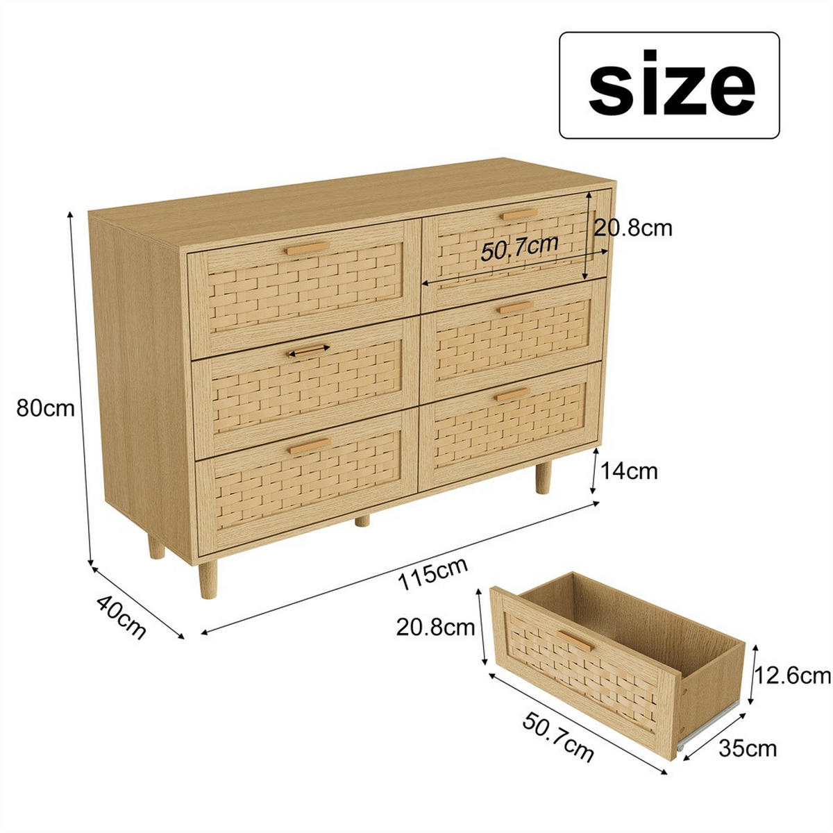 KOMMODE mit 6 Schubladen - natürliche Geflecht-Optik und runde Holzbeine - Eiche-Optik - Eichefarben, Holzwerkstoff (115/80/40cm) - DELFA