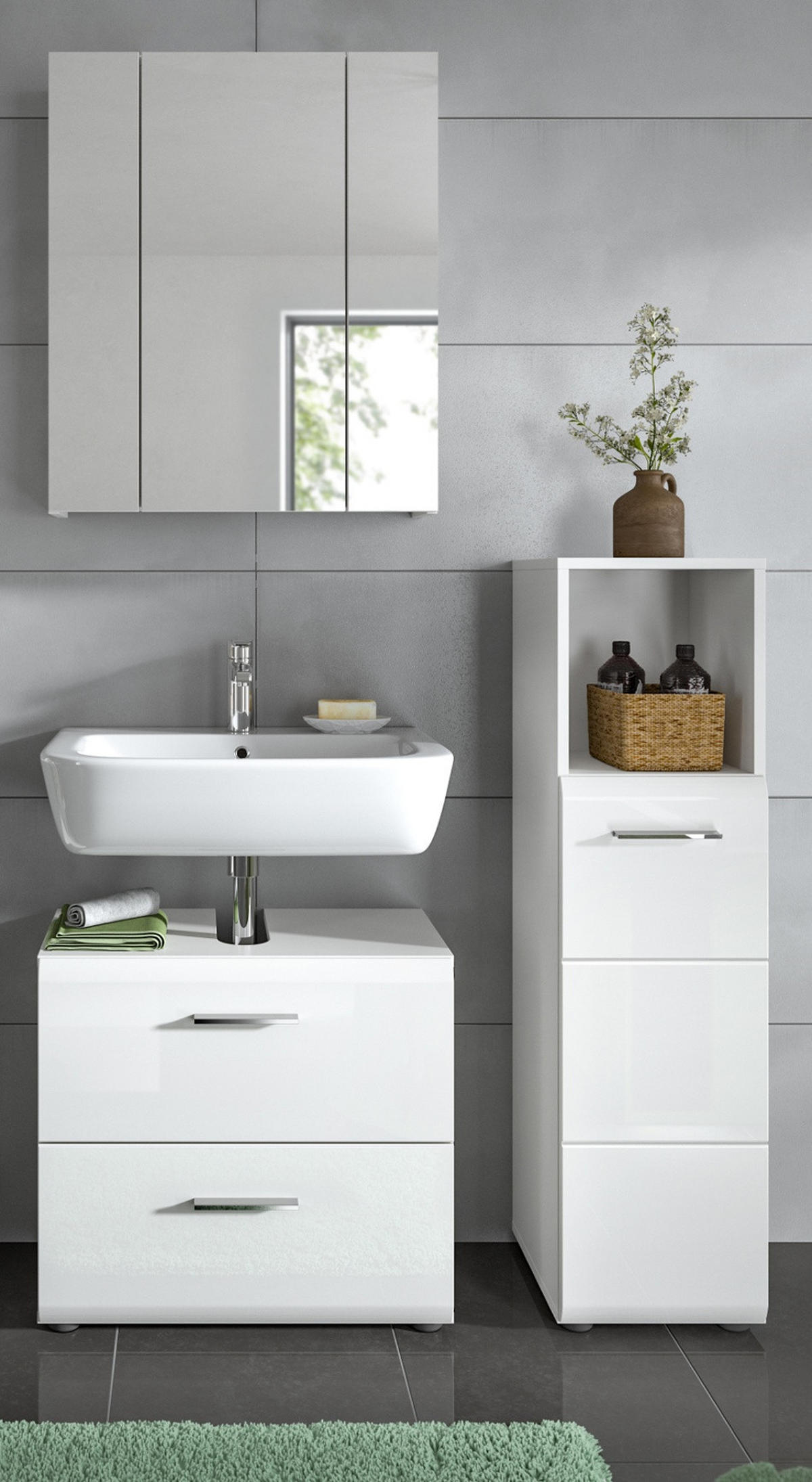 BADMÖBEL-SET 3-teilig weiß Hochglanz, Badkombination mit Spiegelschrank - Weiß Hochglanz/Silberfarben, Glas/Holzwerkstoff (105/185/30cm) - Inn.Furn