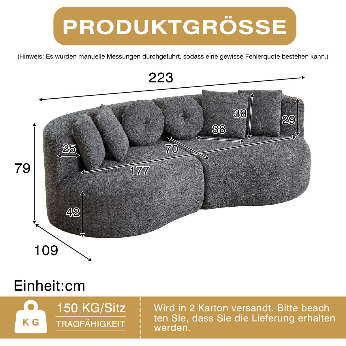 3-SITZER SOFA Geschwungenes Modulares Chenille Cashew - Grau, Textil (223/79/109cm) - Urban Meuble