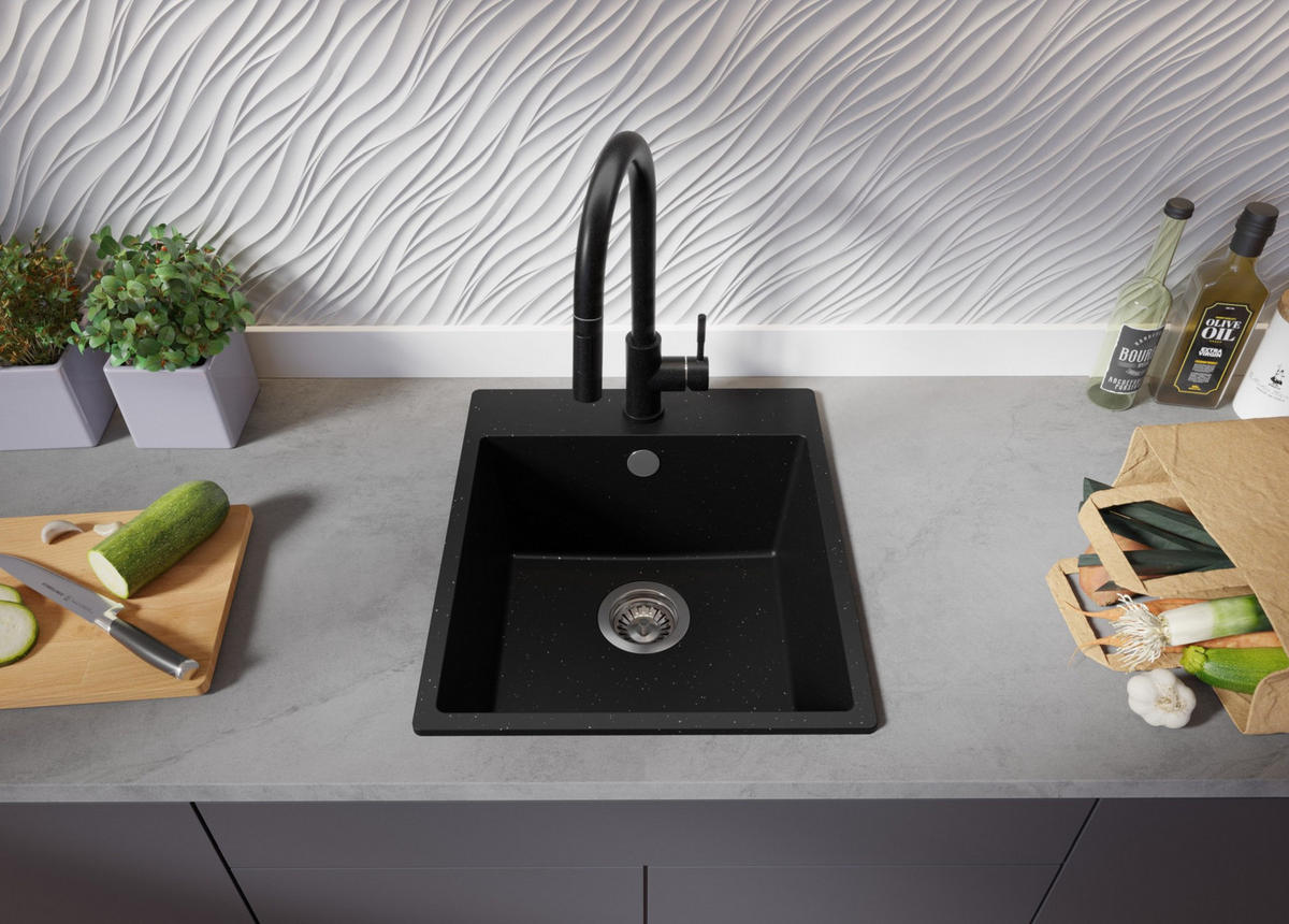 SPÜLBECKEN Riga, 2-er set Schwarz Metallic 43/50 cm 1 Becken + Ablauf-Set ab 45er Unterschrank - Chromfarben/Schwarz Hochglanz, Kunststoff (43/20/50cm) - Primagran