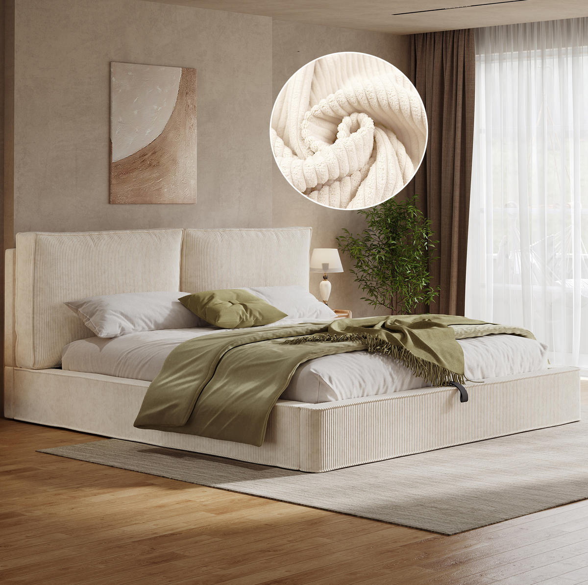 POLSTERBETT 180/200 cm Beige aus Cord mit Stauraum - Beige, Textil (180/200cm) - OKMYHOME