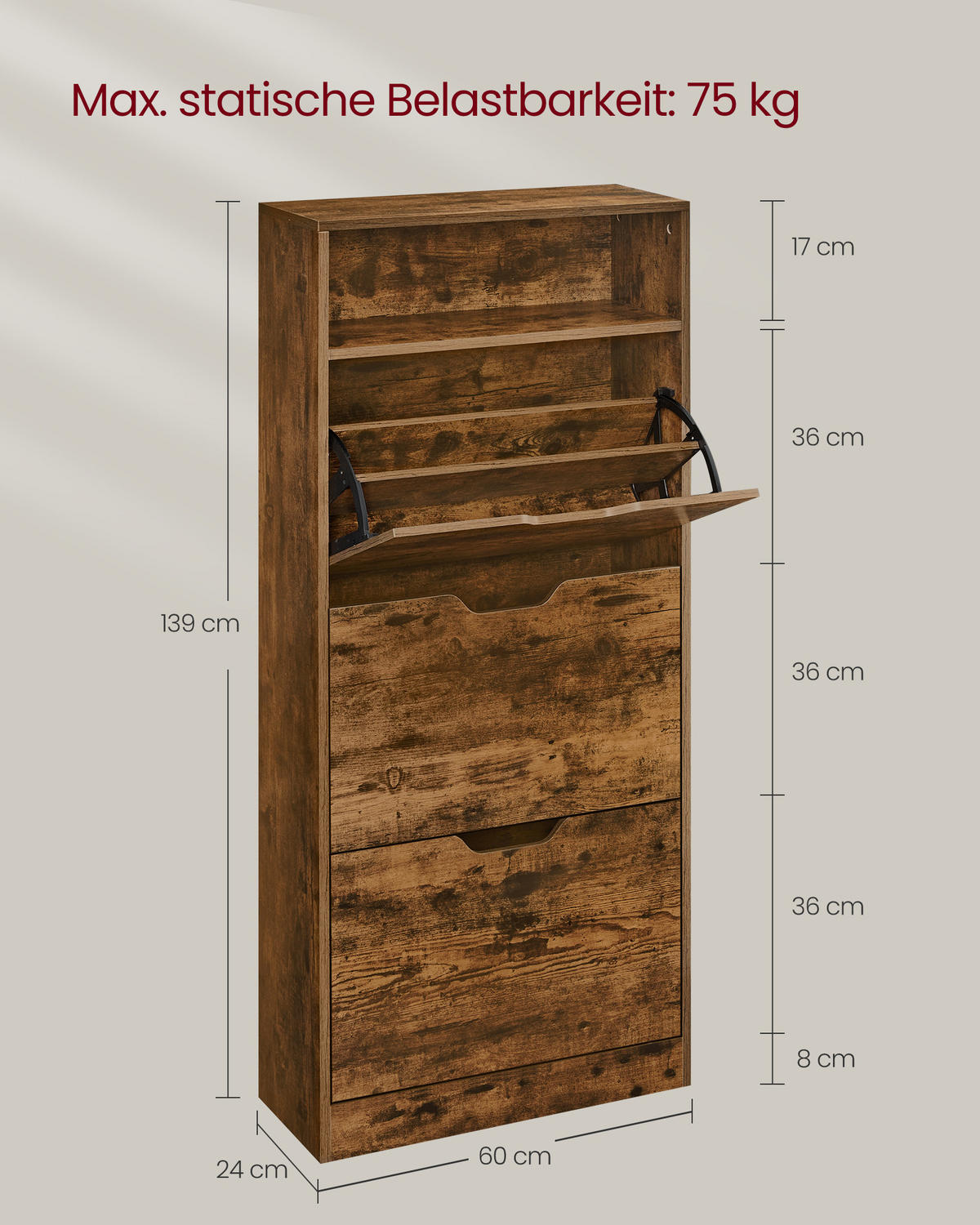 SCHUHSCHRANK Kobe - Braun, Holzwerkstoff (24/139/60cm) - VASAGLE