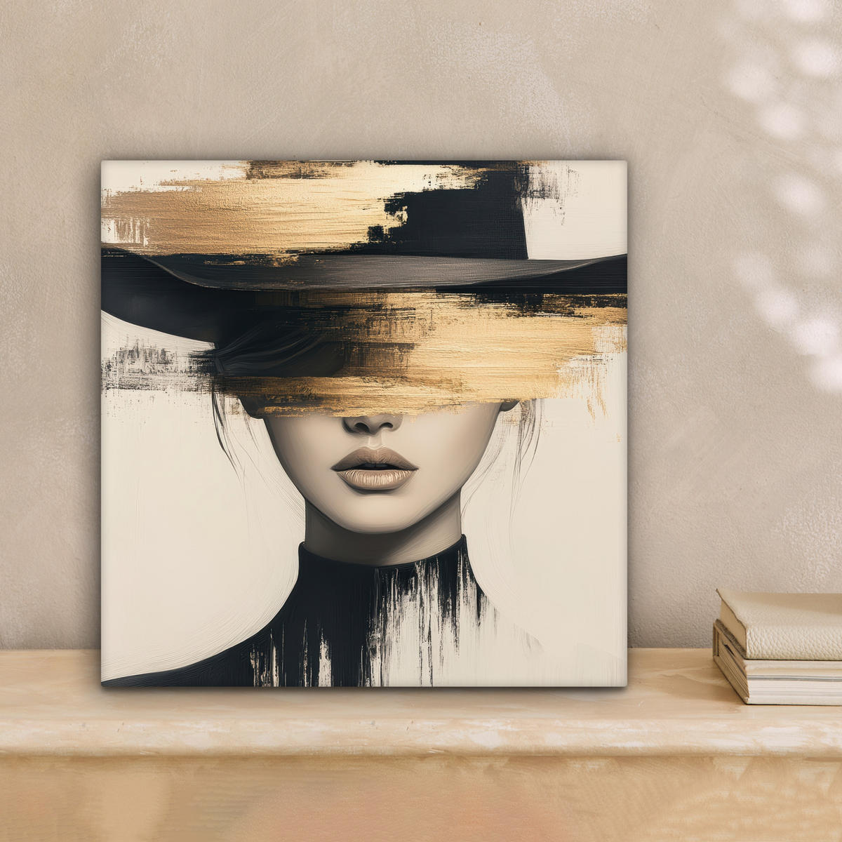 SLIKA NA PLATNU Kvinna - hatt - färg 20x20 cm - zlate barve, tekstil (20/20cm) - MuchoWow