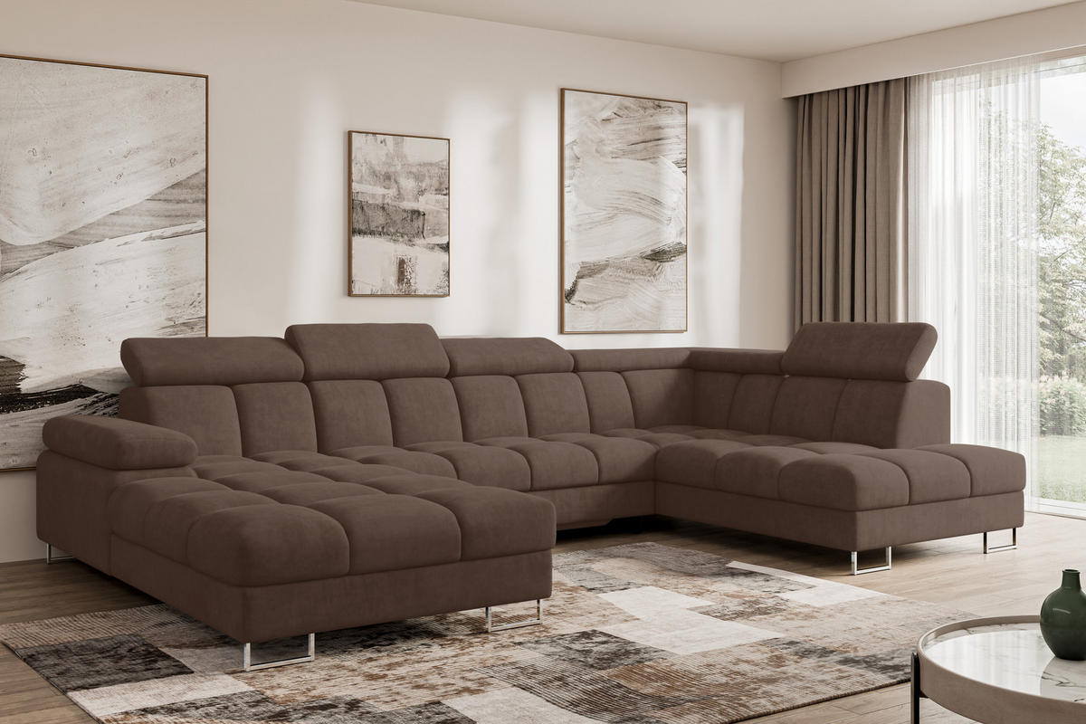 WOHNLANDSCHAFT mit Schlaffunktion und Bettkasten Ottomane RECHTS COMA U 345x203x79 Braun Velours - Braun, Holzwerkstoff/Textil (203/79/345cm) - ALTDECOR
