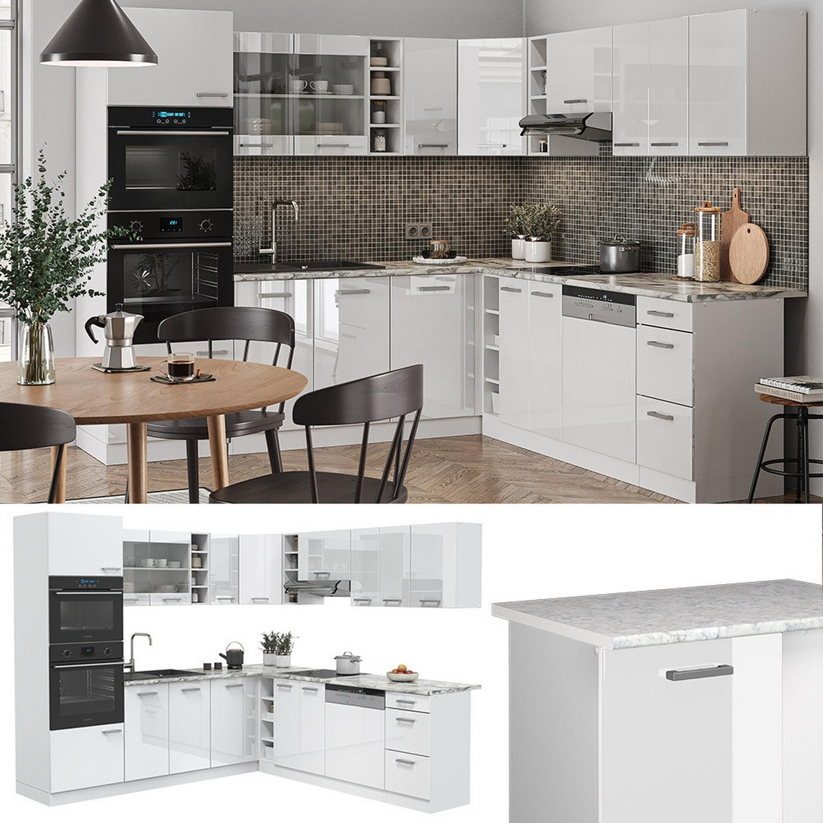 HÖRNKÖK R-Line, Vit högblank/Vit, 247 x 237 cm utan bänkskiva - Vit/Vit högglans, Träbaserade material (247/206.8/46cm) - Vicco