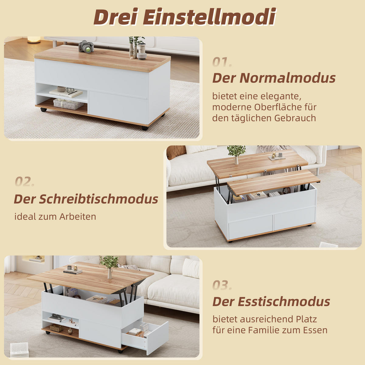 COUCHTISCH höhenverstellbar Weiß Naturholz 100x98x65cm mit Stauraum - Weiß, Holzwerkstoff (100/98/65cm) - FLIEKS