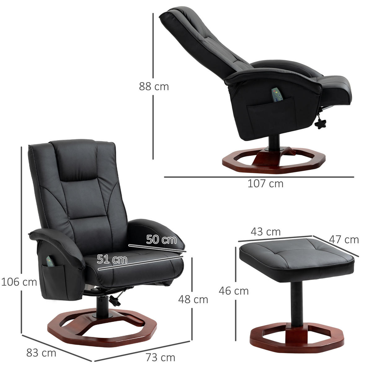 MASSAGESESSEL mit Hocker, Liegefunktion, Fernbedienung, bis 150 kg - Schwarz, Leder (83/106/73cm) - HOMCOM
