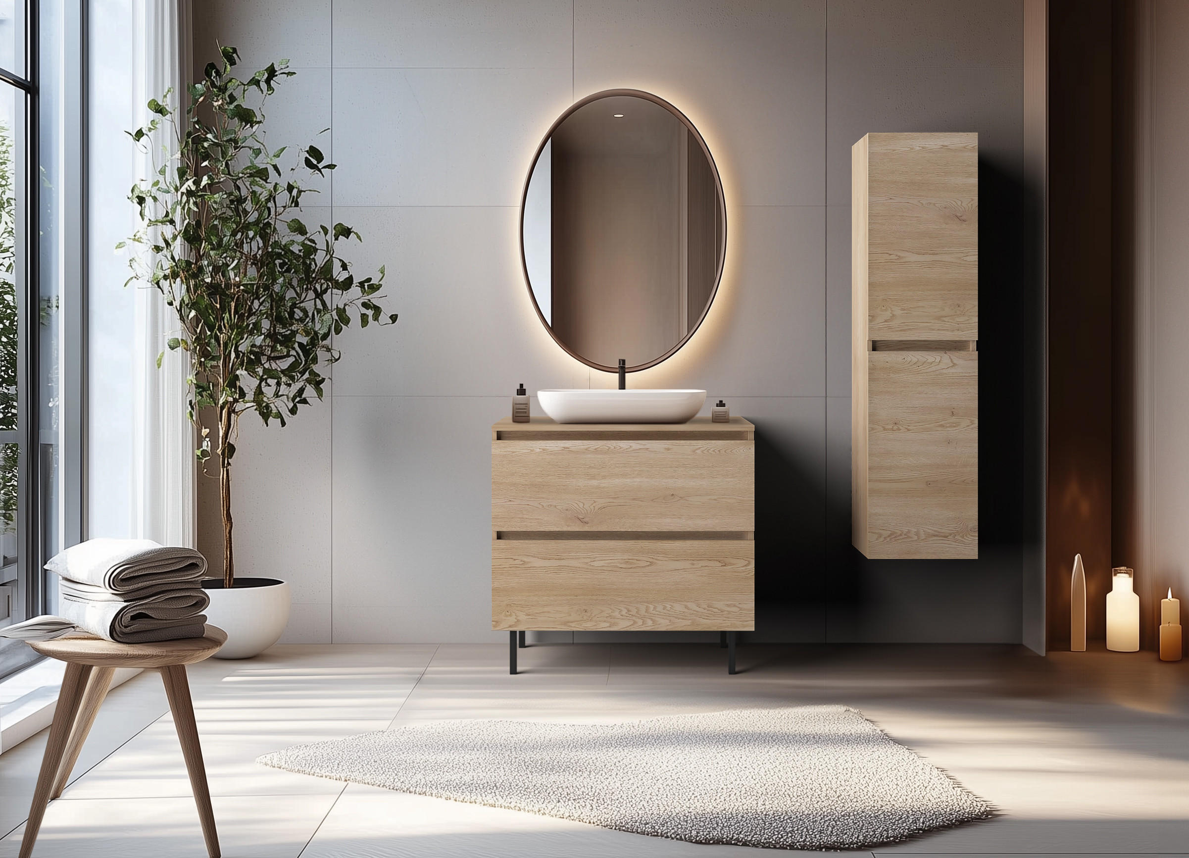 BADEZIMMERSCHRANK 80 cm + TOP + Möbelfüße, Farbe: helle Eiche, 80 x 46 x 80,7 cm, mit Arbeitsplatte - Eichefarben, Holzwerkstoff (80/80.7/46cm) - 3XE LIVING