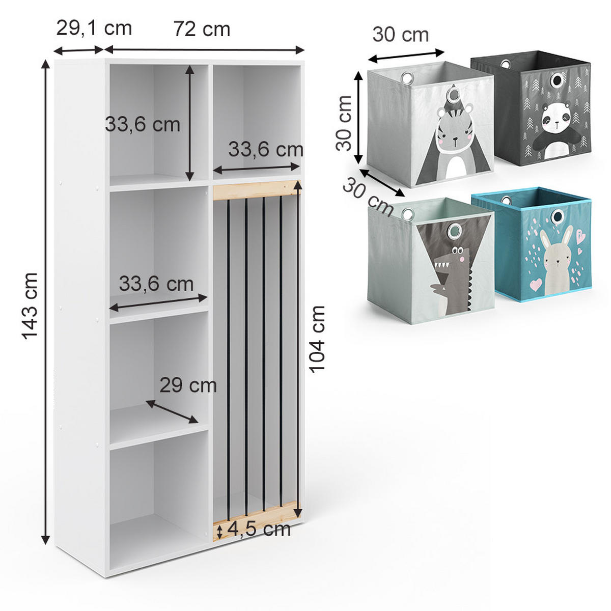 KINDERREGAL Marvin Weiß 72 x 143 cm mit 4 Faltboxen opt.2 - Weiß, Holzwerkstoff (72/143/29.1cm) - Vicco