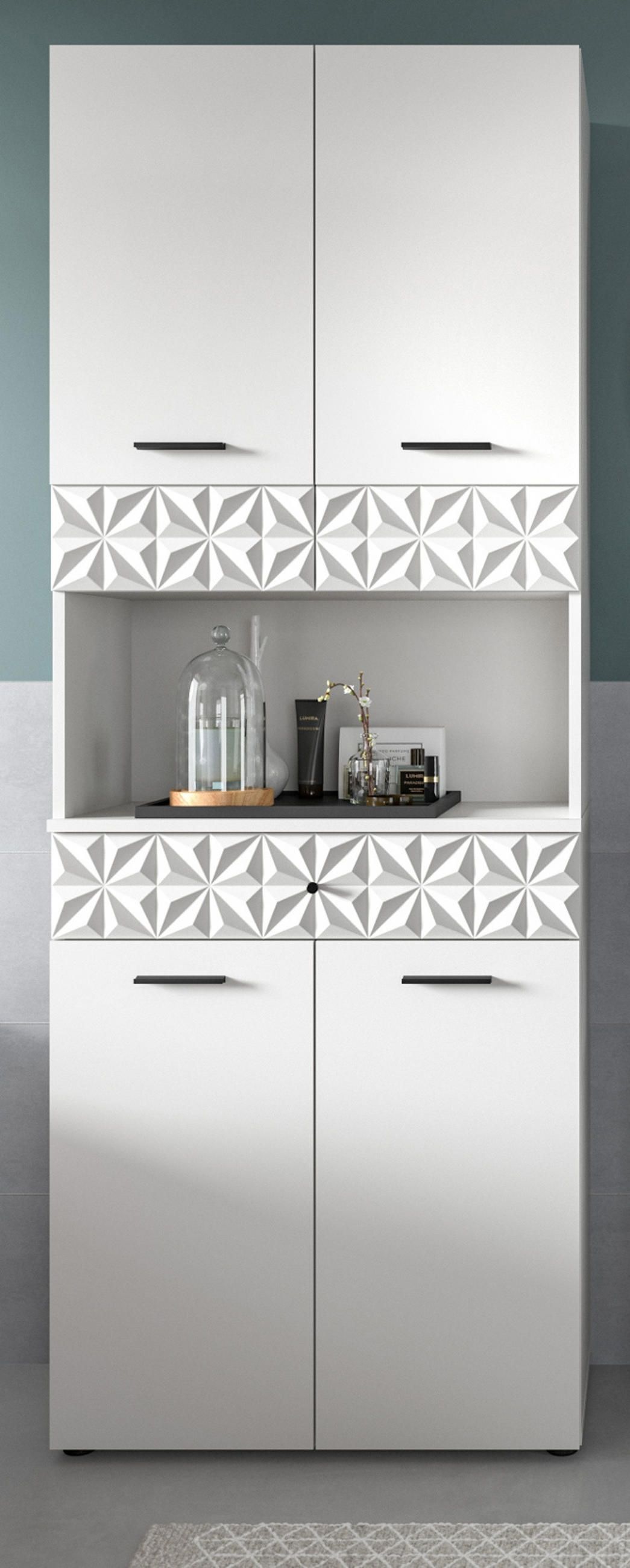 HOCHSCHRANK weiß Hochglanz 70 cm, Badschrank mit 3D-Struktur - Weiß Hochglanz/Schwarz, Holzwerkstoff/Kunststoff (70/187/34cm) - Inn.Furn