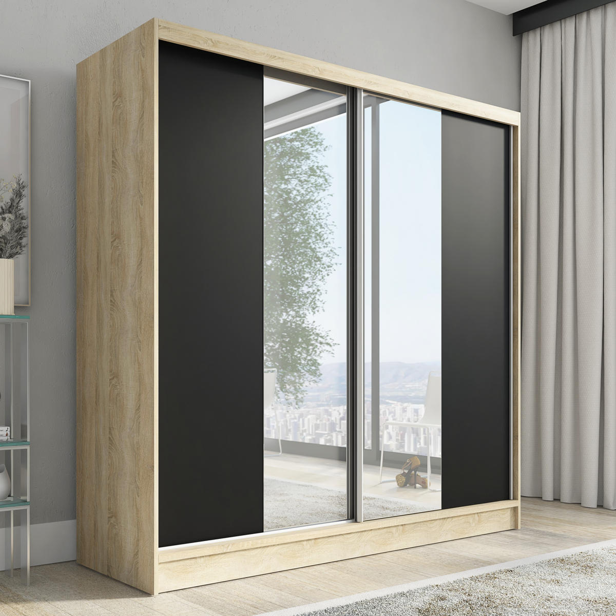 SCHWEBETÜRENSCHRANK 200 CM DUO Farbe: Sonoma | schwarz - Schwarz/Braun, Holzwerkstoff (200/215/60cm) - A&J MöbelLand