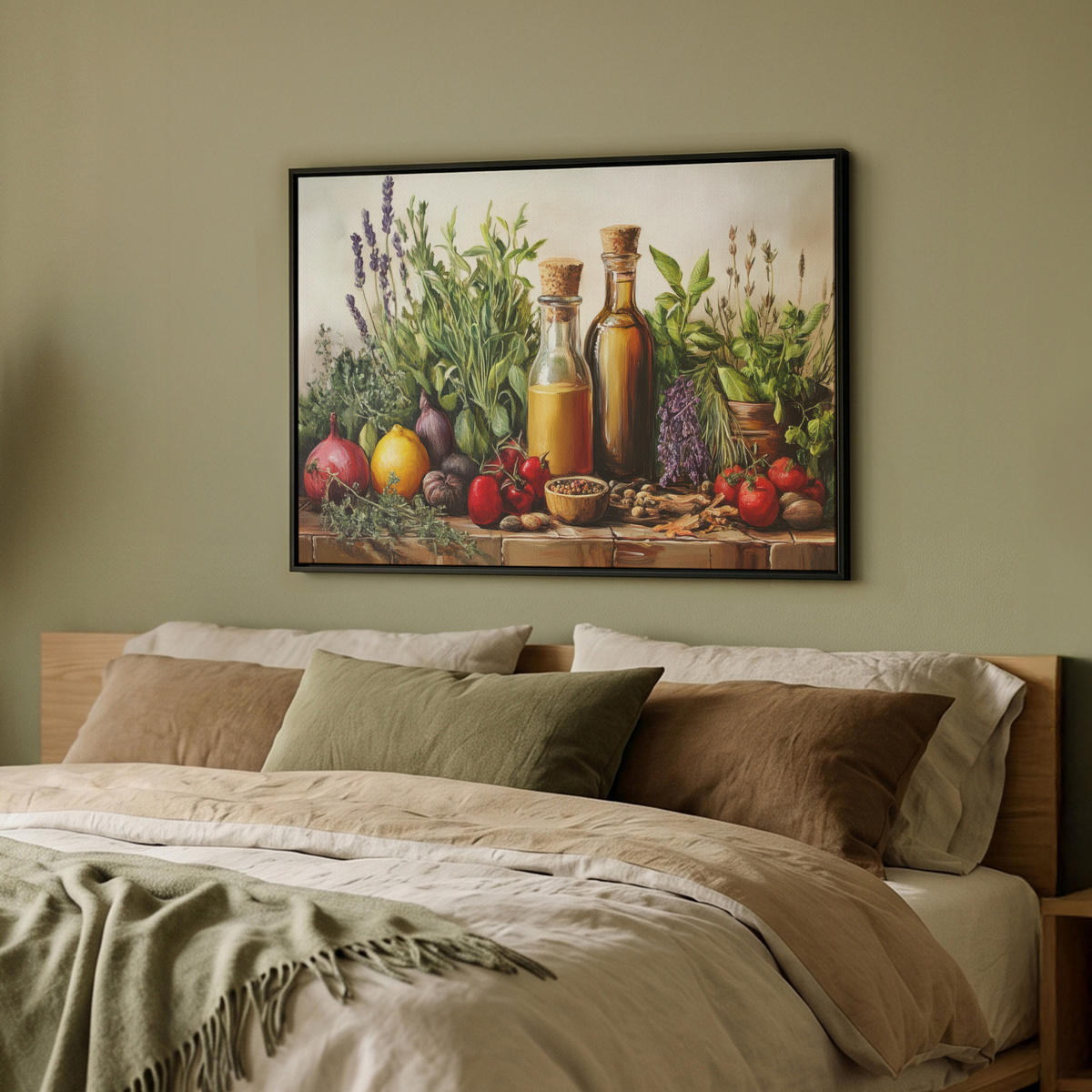 LEINWAND Bilder mit Rahmen - Stilleben - Kräuter - Gewürze - Früchte - Farbenfroh - 70x50 - Grün, Textil (70/50cm) - MuchoWow