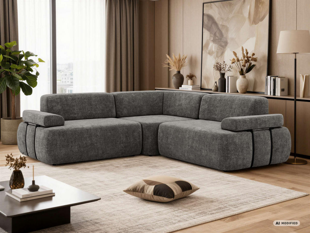 ECKSOFA MIREO L - Dunkelgrau Schenille grob gewebt - Dunkelgrau/Schwarz, Kunststoff/Textil (257/257cm) - MKS