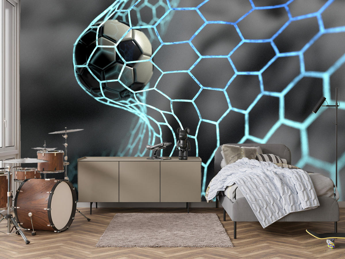 FOTOTAPETE für Jugendzimmer Fußball im Tor Ziel Sport Ball 250x175 - Schwarz/Weiß, Papier (250/175cm) - Muralo