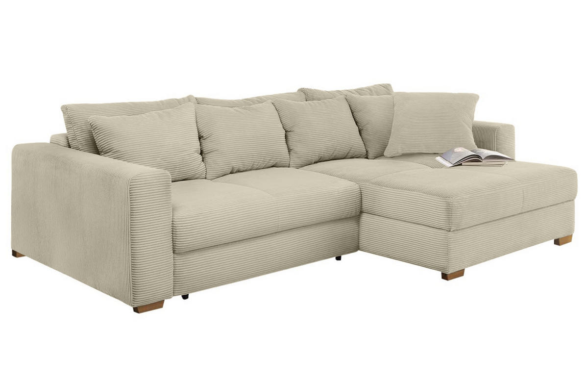 ECKSOFA-DAUERSCHLÄFER Federkern Bettkasten, seitenverkehrt montierbar B288/T186/H86 cm, Liegefl. 153x245 cm, Cord Beige Grau / 15154 - Greige/Eichefarben, Holz/Textil (288/186cm) - luma-home