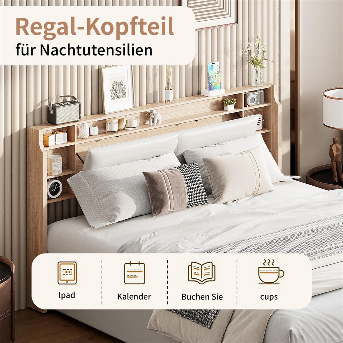 POLSTERBETT 160x200 cm - mit LED-Beleuchtung,aufklappbarem Kopfteil-Geheimfach und hydraulischem Stauraum - Weiß - Weiß, Textil (160/200cm) - DELFA