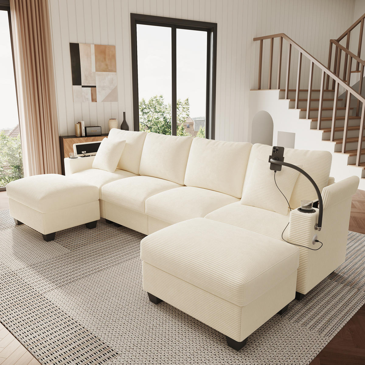 WOHNLANDSCHAFT Cord Beige mit USB, USB-C und Stauraum - Beige, Holzwerkstoff/Kunststoff (275.5/87/139cm) - WISHDOR