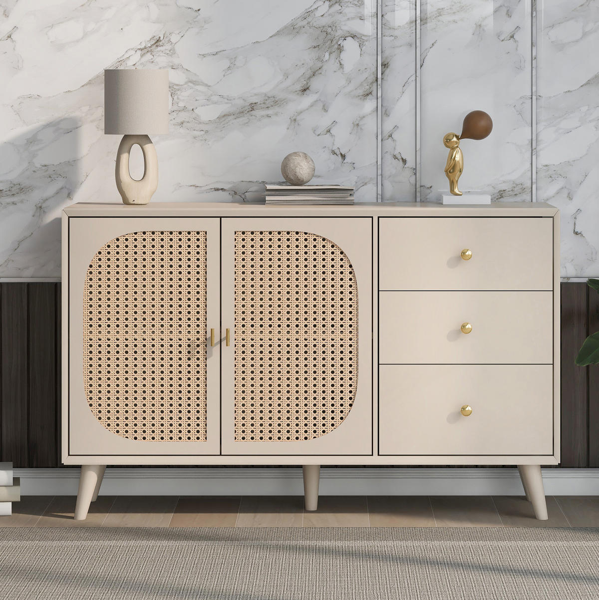 SIDEBOARD aus Spanplatte 120x40x82,5 cm Offwhite mit 2 Türen, 3 Schubladen und Push-to-open in Rattanoptik - Weiß, Holzwerkstoff (120/82.5/40cm) - Modfu