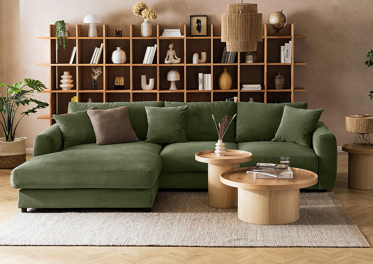 ECKSOFA mit Longchair - Schwarz/Grün, Holz/Kunststoff (286/183cm) - home24