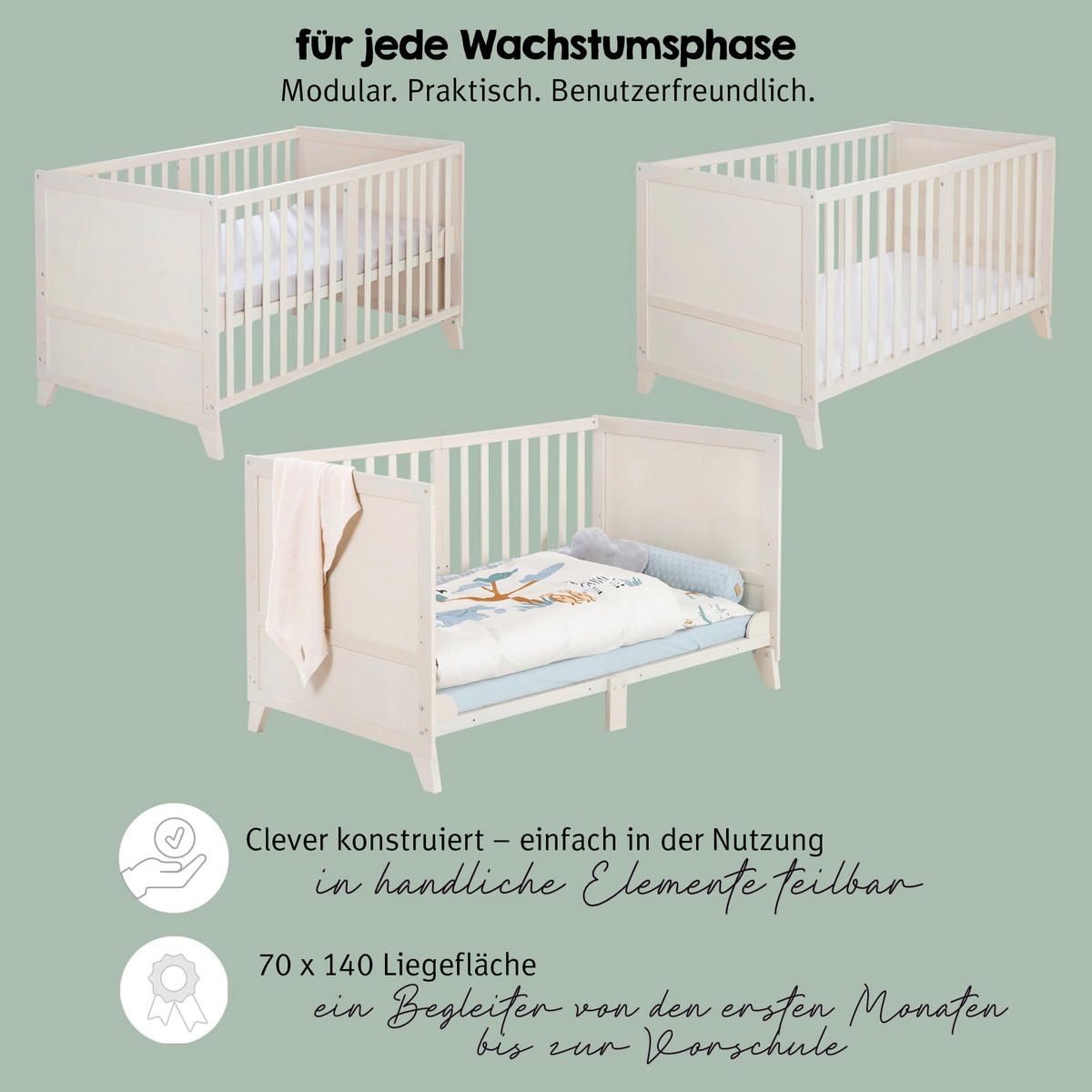 BABYBETT 'Savanna Friends' 70 x 140 inkl. kompletter Ausstattung - Naturgrau / Beige - Weiß, Holz (70/140cm) - Roba