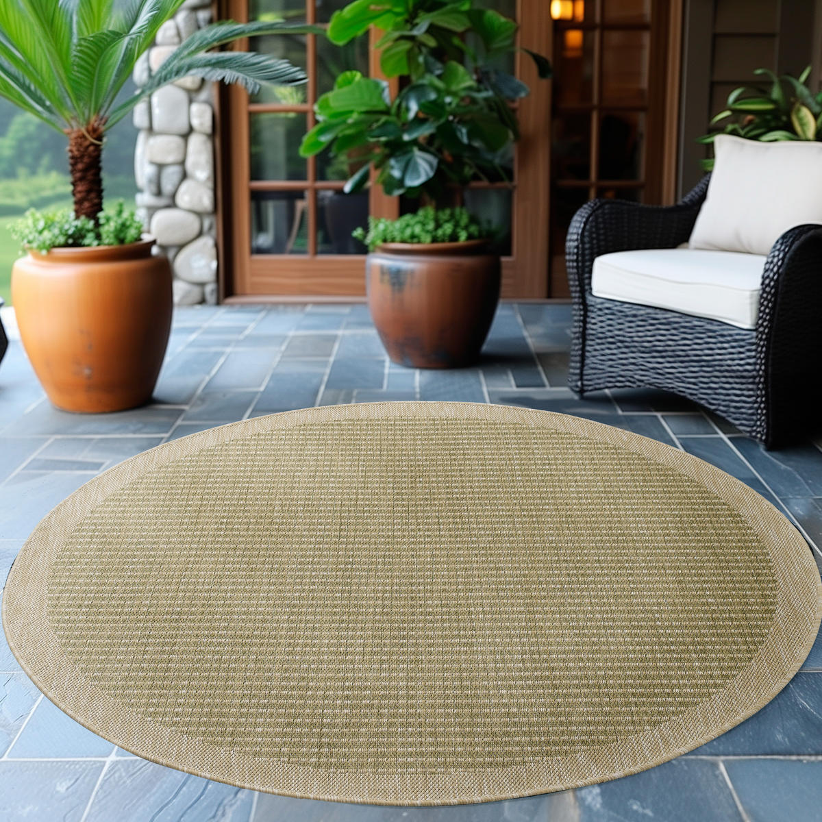 TEPPICH Outdoor Flachgewebe Uni-Farbe Polypropylen Balkon Grün Rund 160x160 - Grün, Textil (160/160cm) - KADIMA DESIGN
