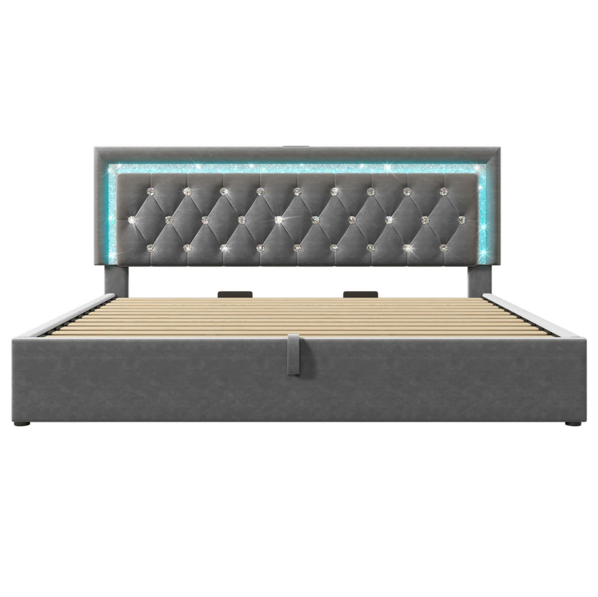 POLSTERBETT 180/200 cm Grau mit LED-Diamantstreifen USB- und Type-C-Anschlüssen, hydraulischem Stauraum - Grau, Textil (180/200cm) - OKWISH