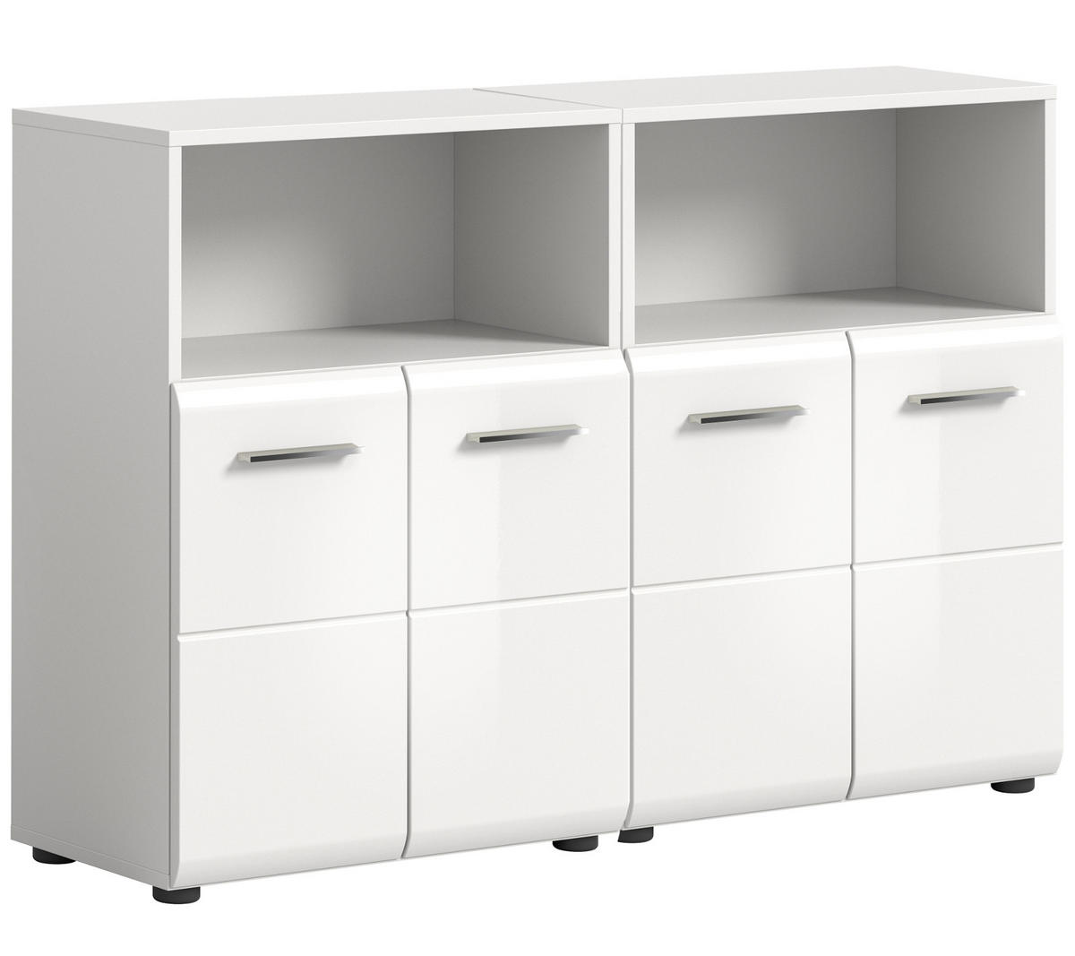 BADOMMODE weiß Hochglanz 120 x 106 cm, 2x Badezimmer Kommode - Weiß Hochglanz/Silberfarben, Holzwerkstoff/Kunststoff (120/80/30cm) - Inn.Furn