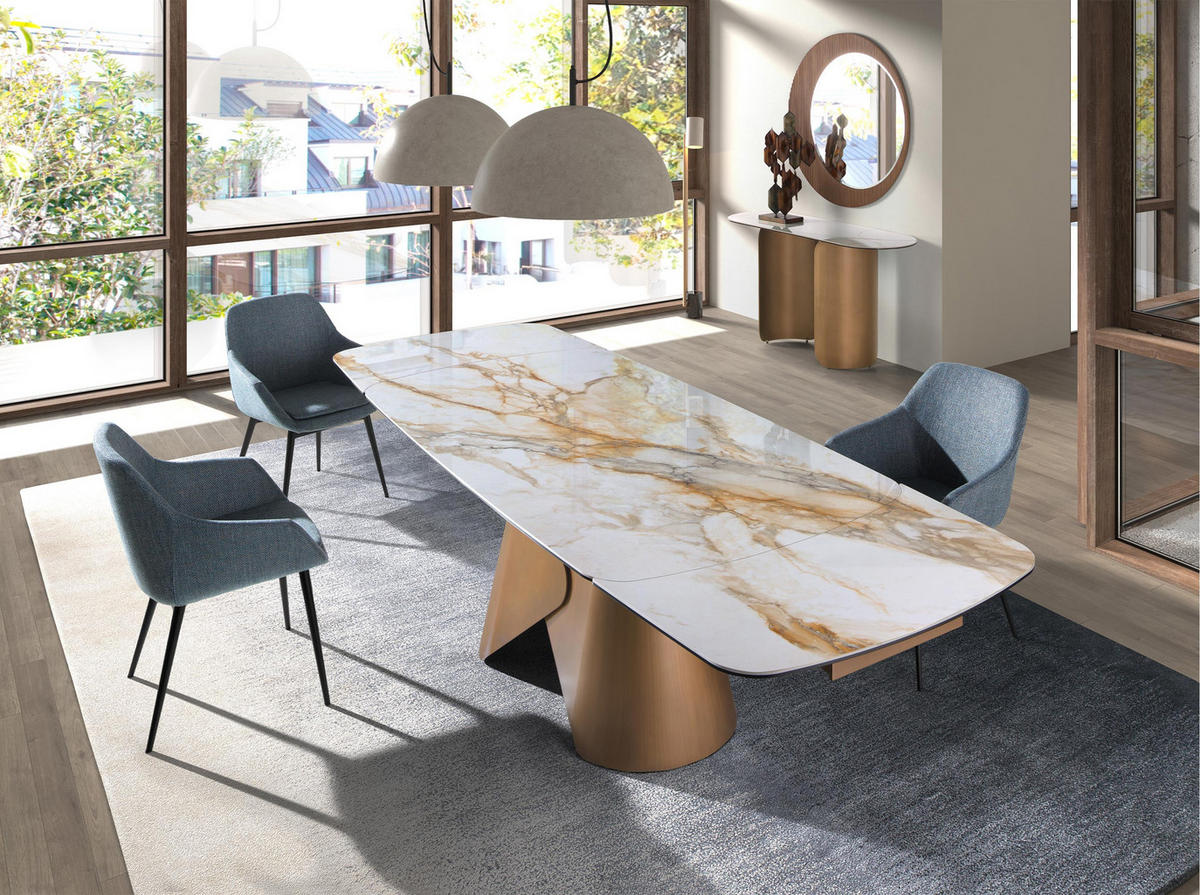KONSOLENTISCH Ovale Konsole mit halbrundem Profil aus Feinsteinzeug und bronzefarbenem Stahl Ø150/50/80 cm - Messingfarben/Weiß, Keramik/Stein (150/80/50cm) - ANGEL CERDA