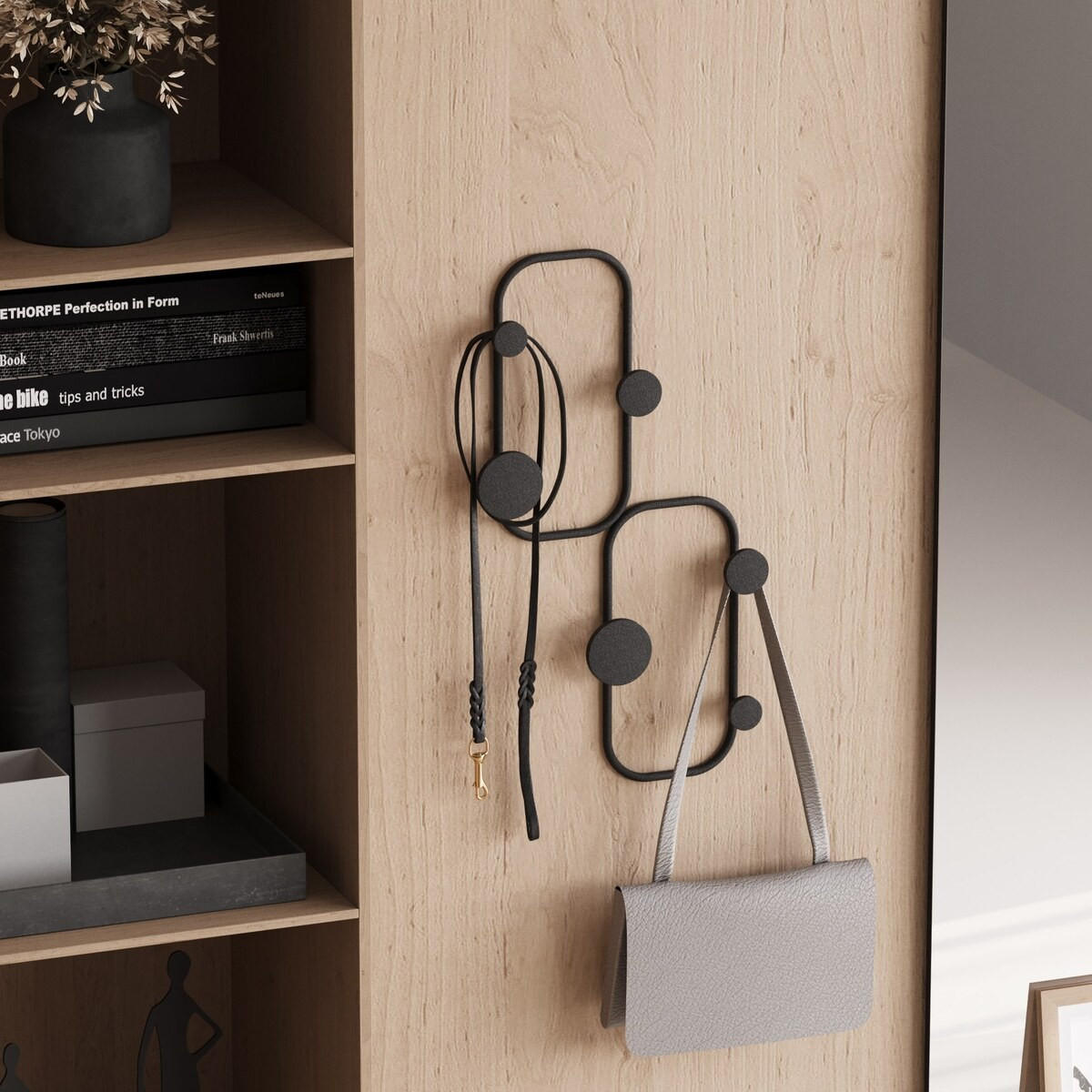 WANDGARDEROBE mit 5 Haken aus schwarzem Metall 26/5/48 cm - Schwarz, Metall (5/48/7cm) - Calicosy