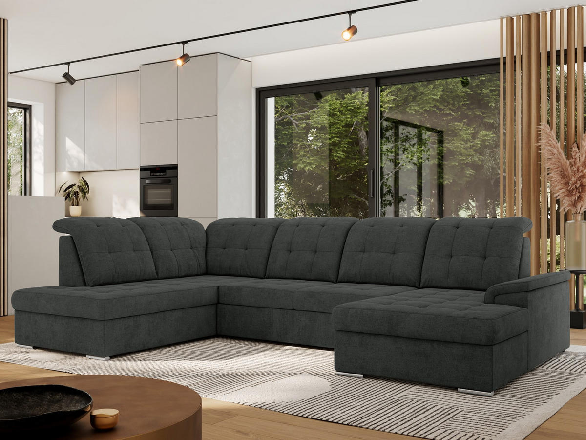 WOHNLANDSCHAFT MADRITO U - Dunkelgrau Struktur - Links - Dunkelgrau/Silberfarben, Textil/Metall (204/89/323cm) - MKS