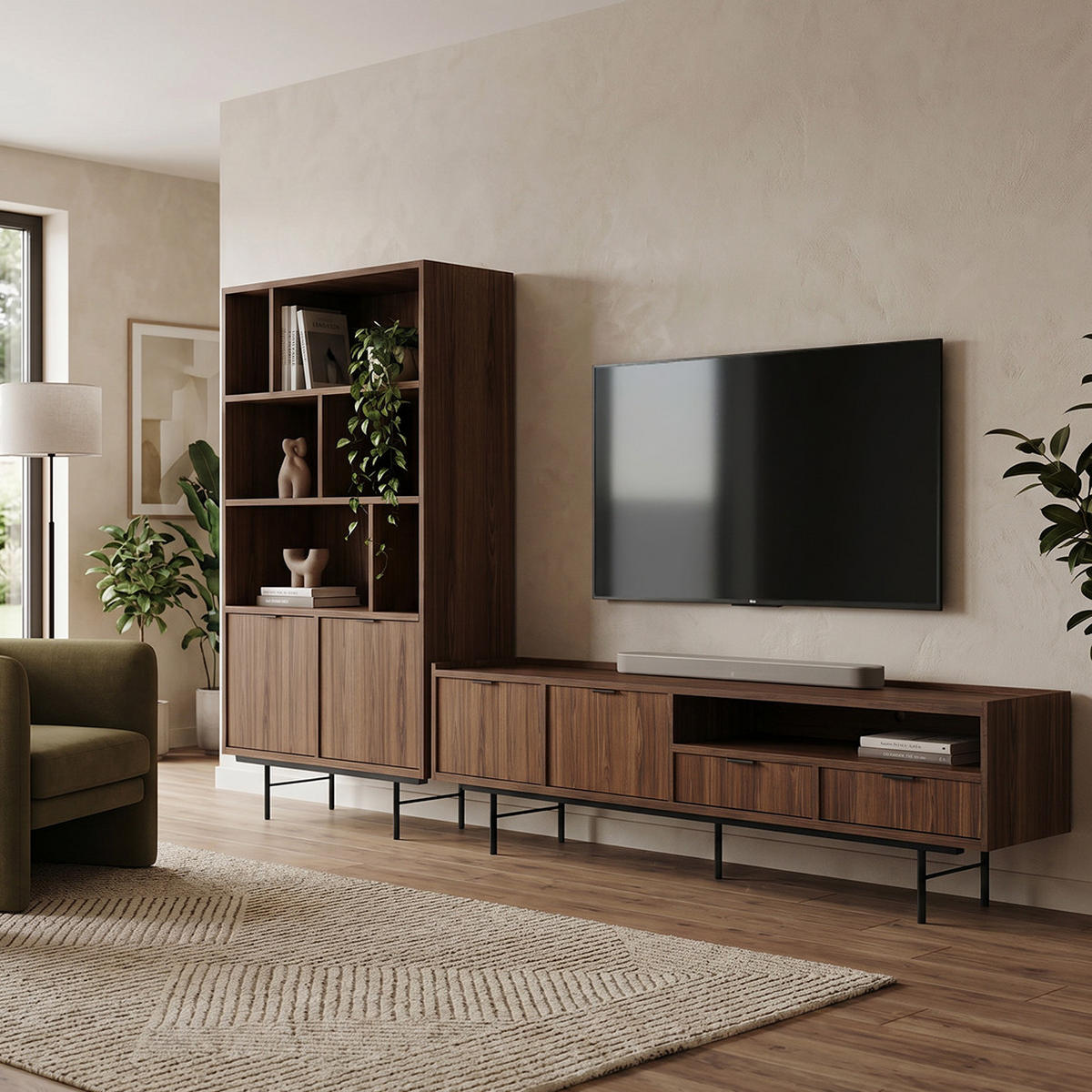 WOHNWAND Evron 2-teilig Bücherregal 90 cm + TV-Board 200 cm, Walnuss - Walnussfarben/Schwarz, Holzwerkstoff/Metall (200/185/35cm) - Beautysofa