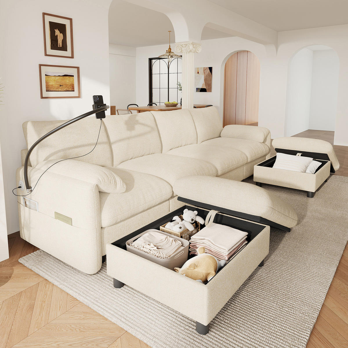SCHLAFSOFA mit 6 Sitzen, Stauraum-Hockern, USB/Type-C und Handyhalter,Beige - Beige, Textil (273.5/81/133cm) - EVRYAE