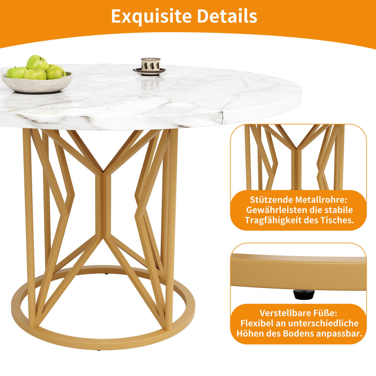 ESSTISCH 100/100/76 cm golden mit Marmorplatte und Metallbeinen - Weiß, Holzwerkstoff (100/100/76cm) - OKWISH