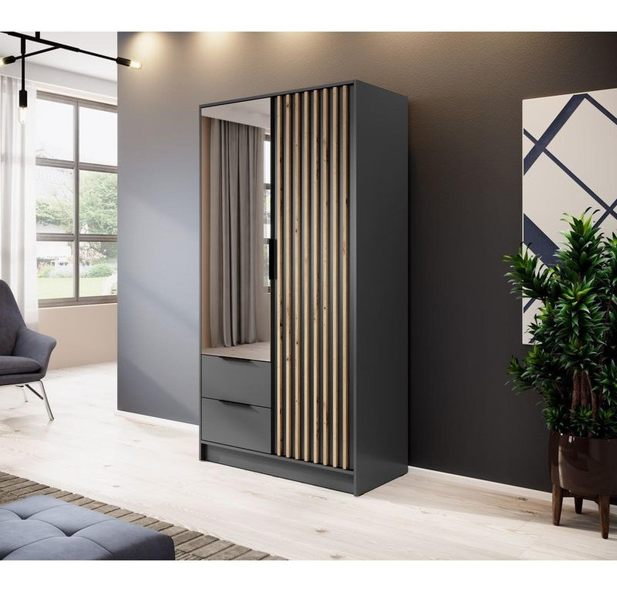 KLEIDERSCHRANK – 105 cm – Nelly – Graphitfarben - Graphitfarben, Holzwerkstoff (105/200/51cm) - hi-markt