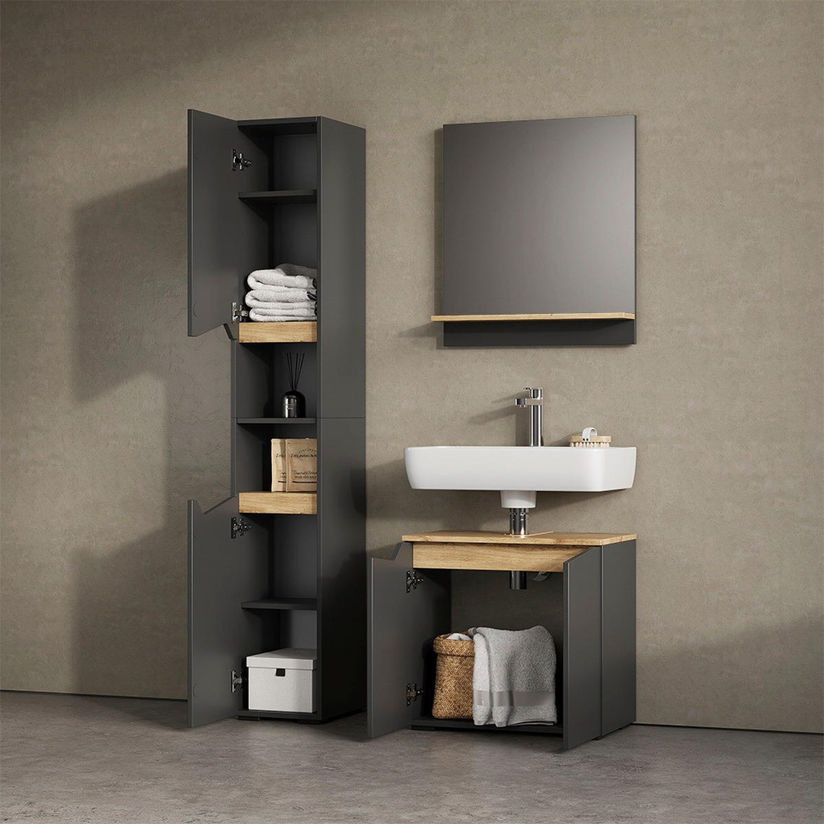 BADSPIEGEL Timavo Anthrazit 60 x 67 cm mit Regal - Anthrazit/Eiche Artisan, Holzwerkstoff (60/67/14cm) - Livinity®